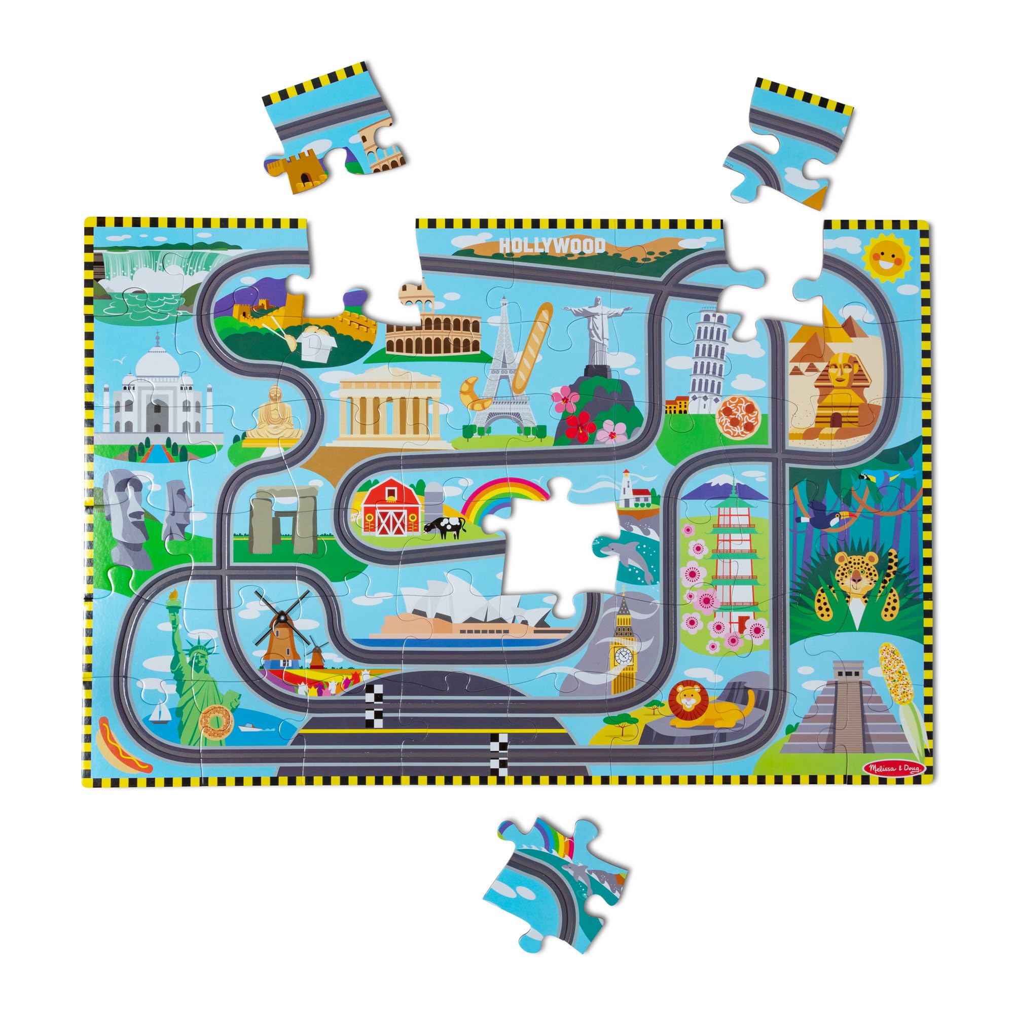 Melissa & Doug Race Around the World Floor Puzzle with 2 Wind-Up Vehicles | Age 3+ | 48 Pieces 4