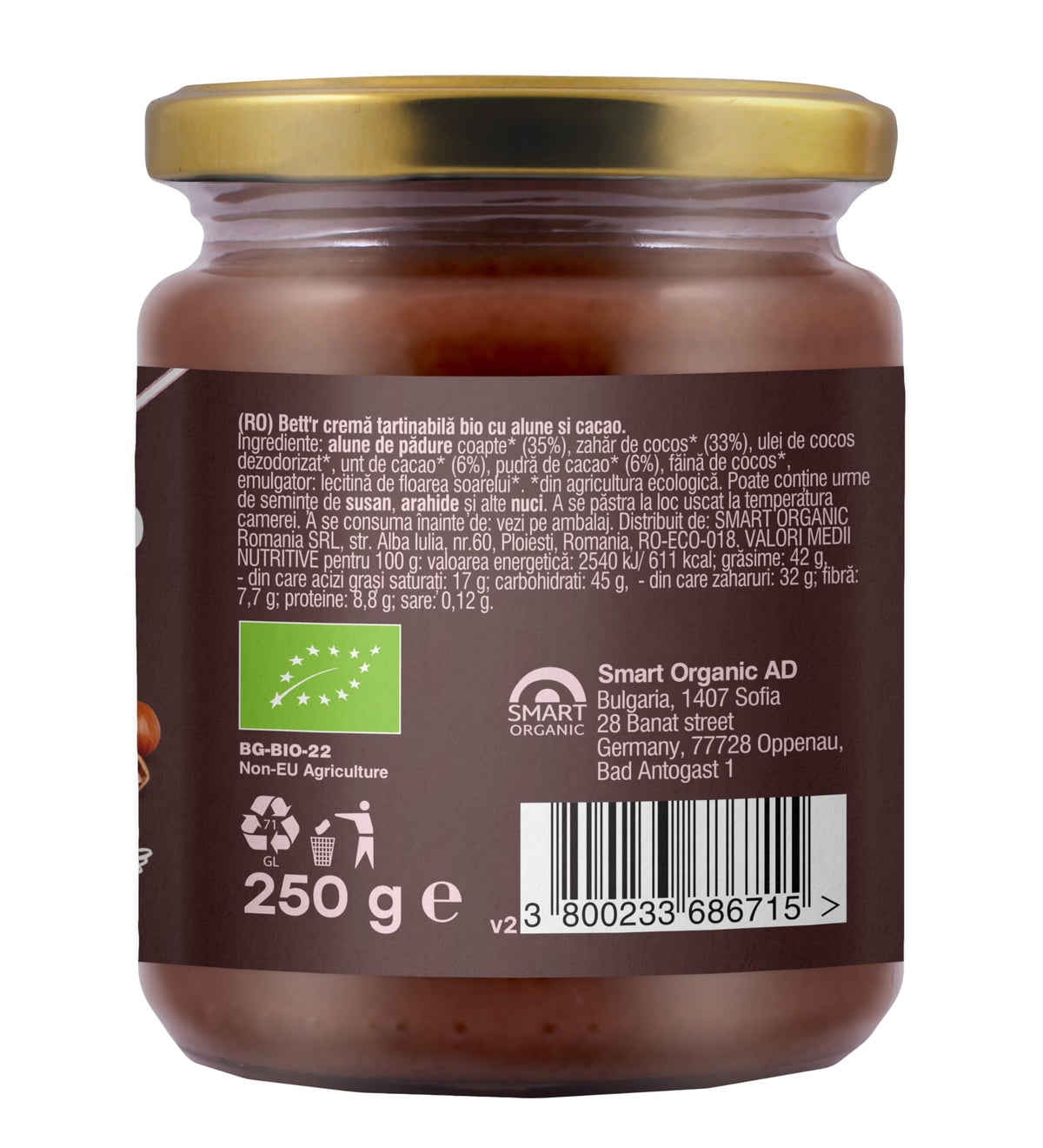 Bett’r Hazelnut Cocoa Spread - Organic, Vegan, Palm Oil Free