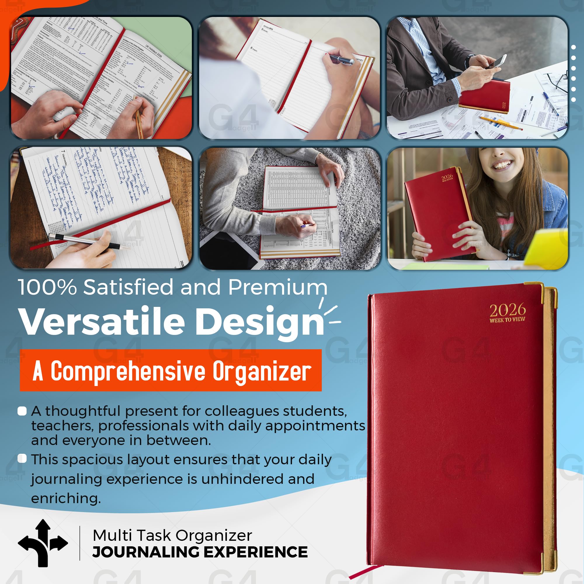 G4GADGET 2026 A5 Week to View Diary | Red Hardback with Gilt Edges 5