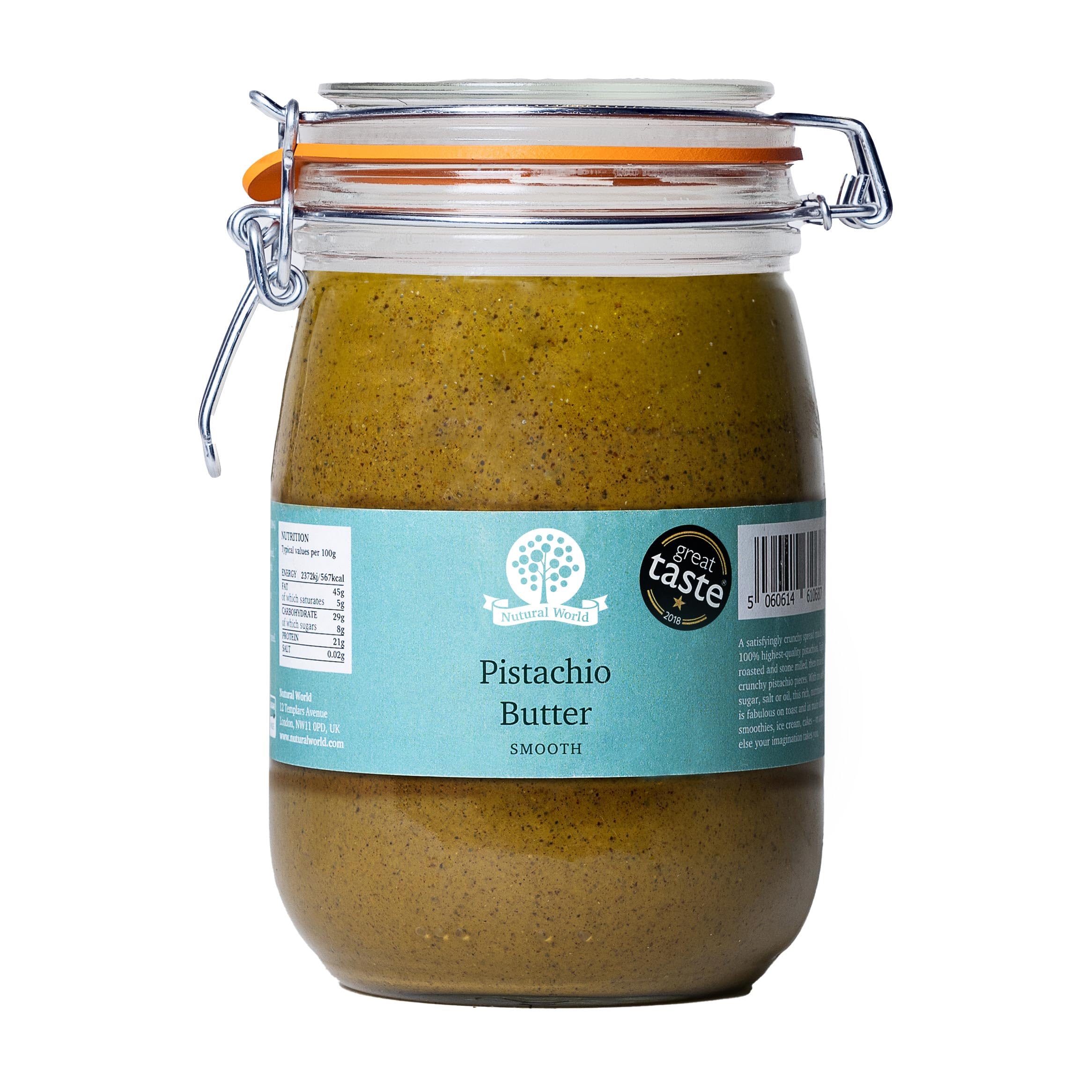 Nutural World Smooth Pistachio Nut Butter - 100% Pistachio | 1kg Reusable Glass Jar