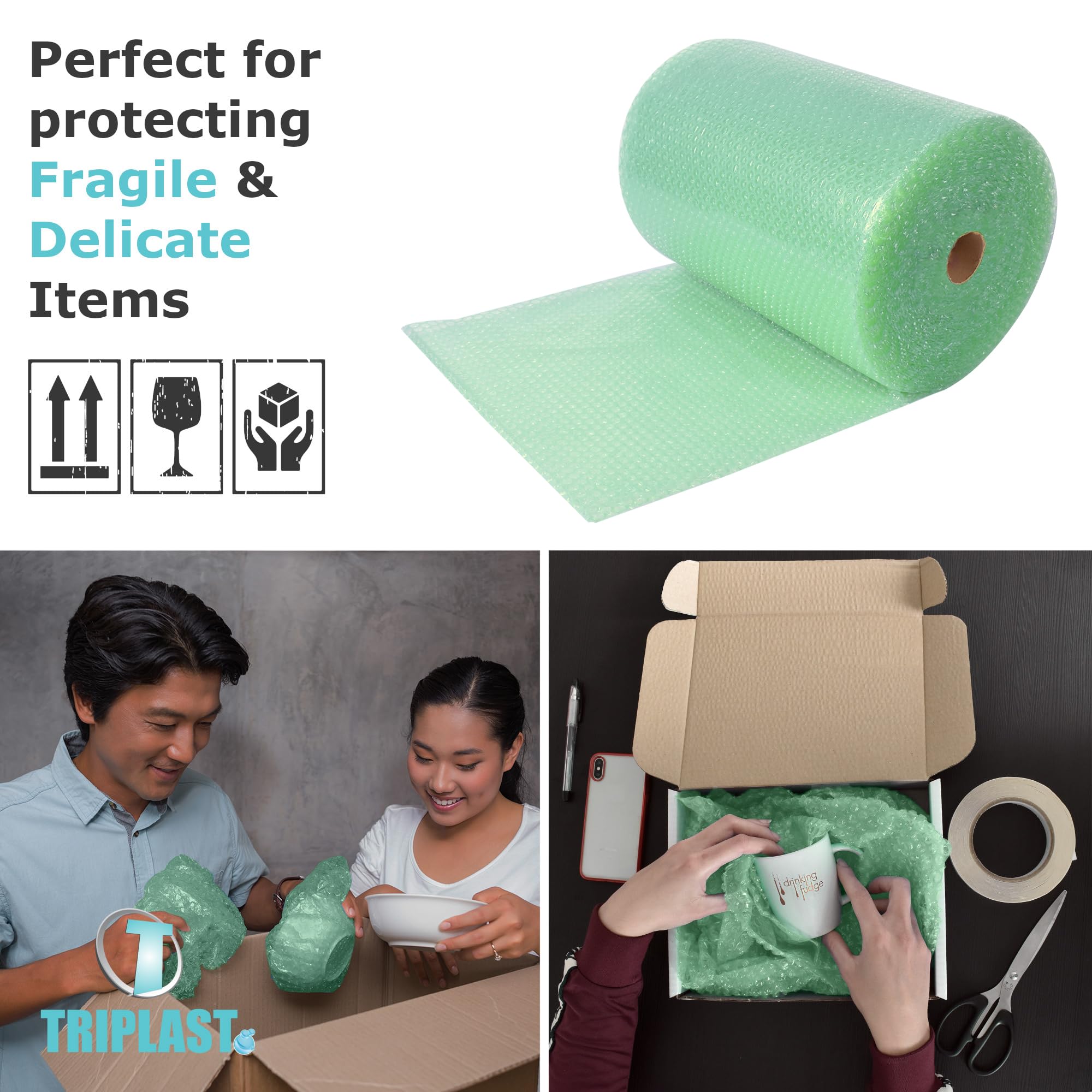 Triplast Biodegradable Bubble Wrap Roll - 400mm x 50m | Small 10mm Bubbles | Green 3