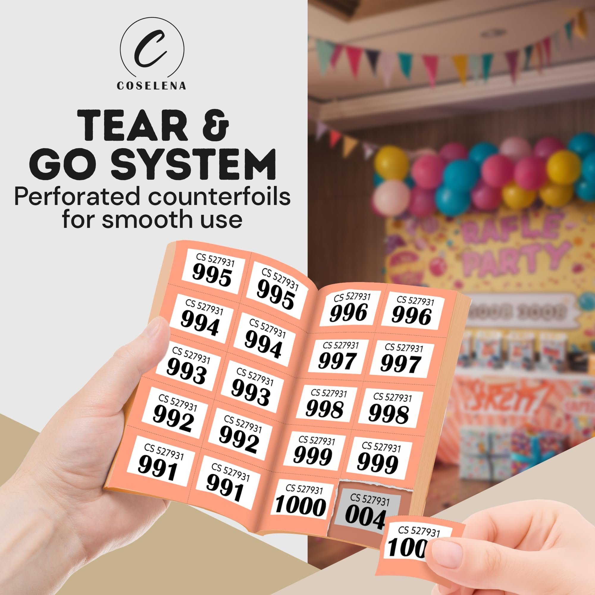 Coselena 5-Pack Numbered Raffle & Cloakroom Ticket Books | 1-1000 | Assorted Colors 4
