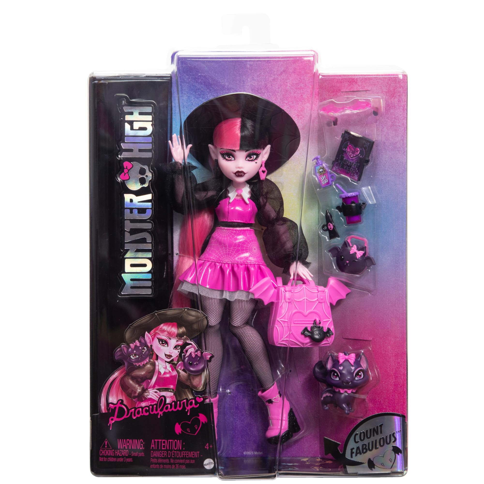 Monster High Draculaura Doll - 15 cm, Ages 4+, Pink and Black Outfit with Pet Bat-Cat 6
