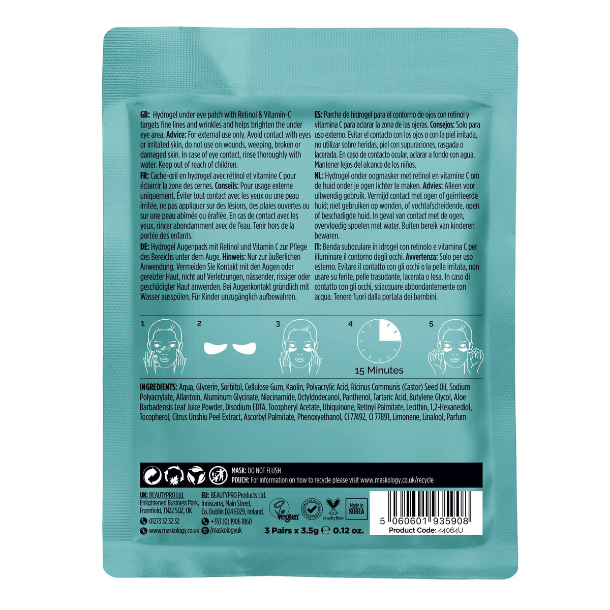 MASKOLOGY Retinol + Vitamin C Under Eye Mask - Reduces Fine Lines & Brightens Skin | Pack of 3