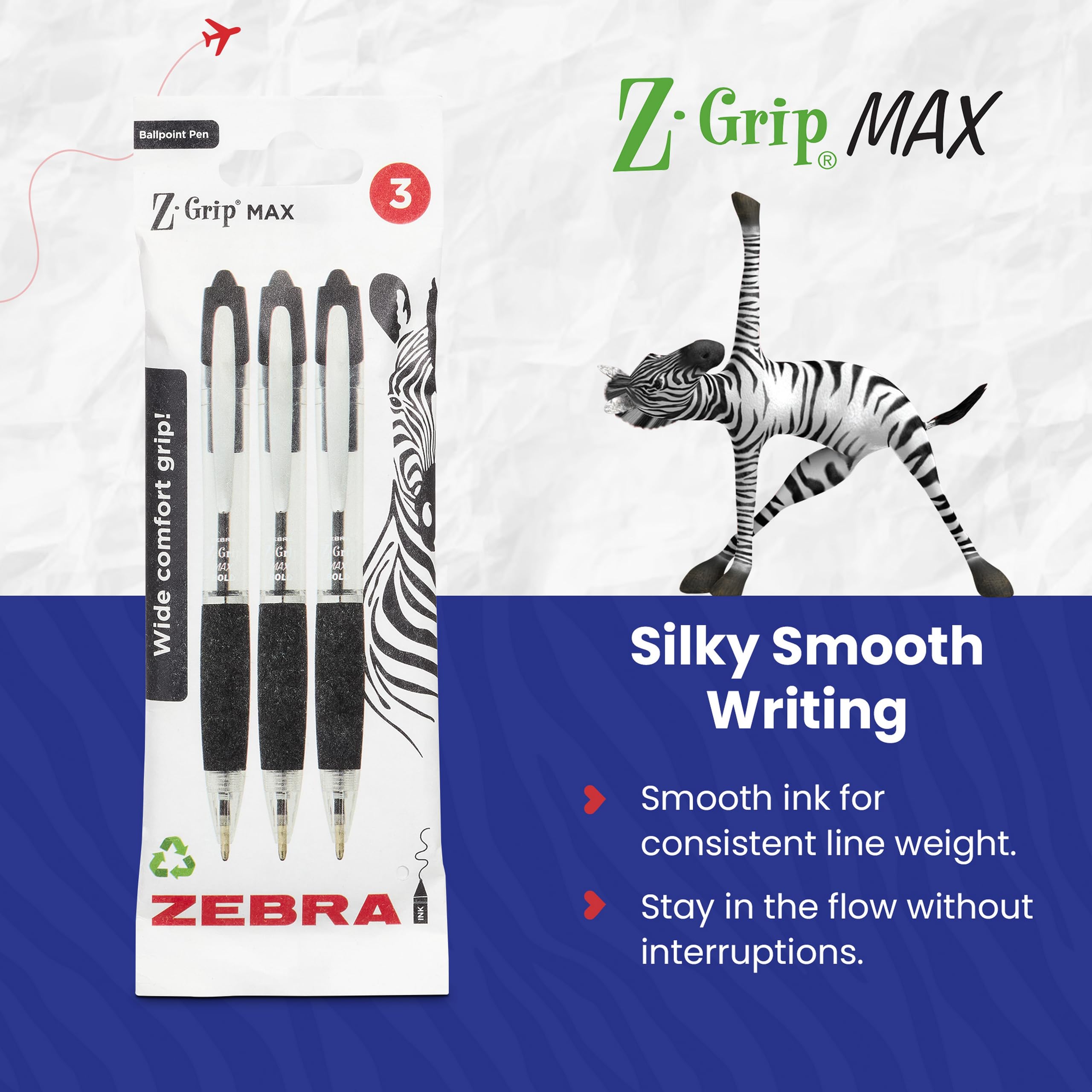 Zebra Pen Z-Grip MAX Black Ballpoint Pens - 1.2mm Medium Point, Retractable, 3 Pack