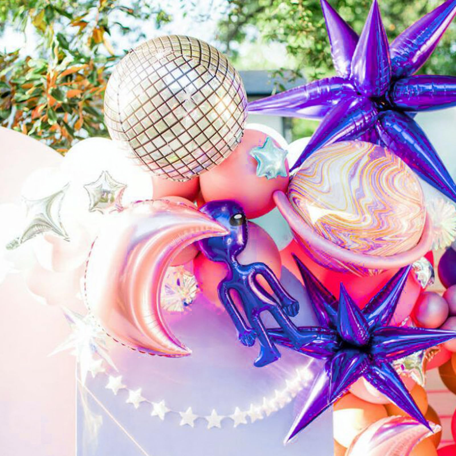 PartyWoo - Purple Star Balloons 6 pcs, One-Piece 14-Pointed Starburst Foil Balloons 27 & 22 inch with Ribbon 8