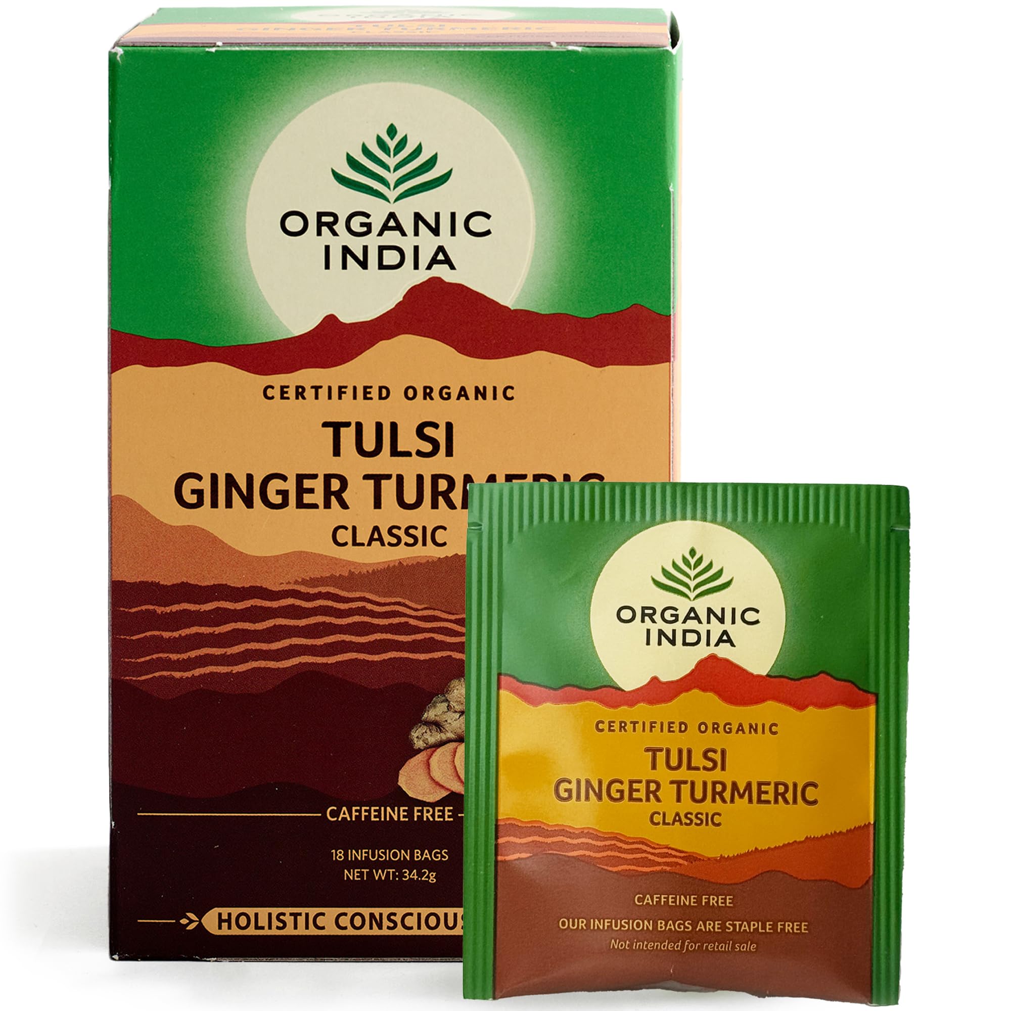 ORGANIC INDIA Tulsi Ginger Turmeric Herbal Tea - Caffeine-Free, Certified Organic, 18 Count Teabags