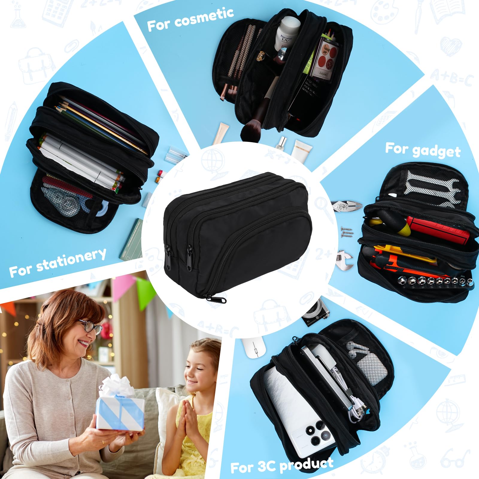 Euqvunn Black Pencil Case - Large Capacity 3 Compartment Organizer | 21x8x13CM | Polyester 8