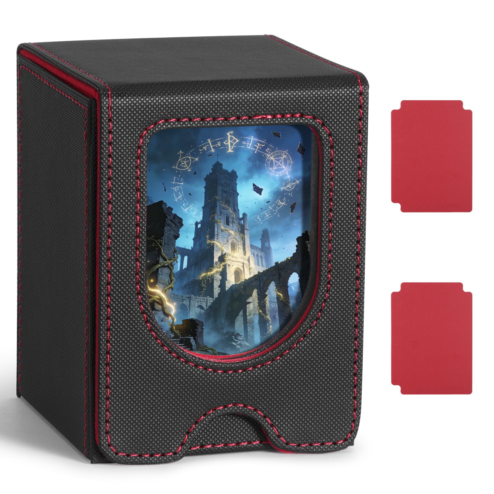 Euqvunn Deck Box - Magnetic Closure, Display Window, Holds up to 140 Single-Sleeved Cards | Black & Red 1