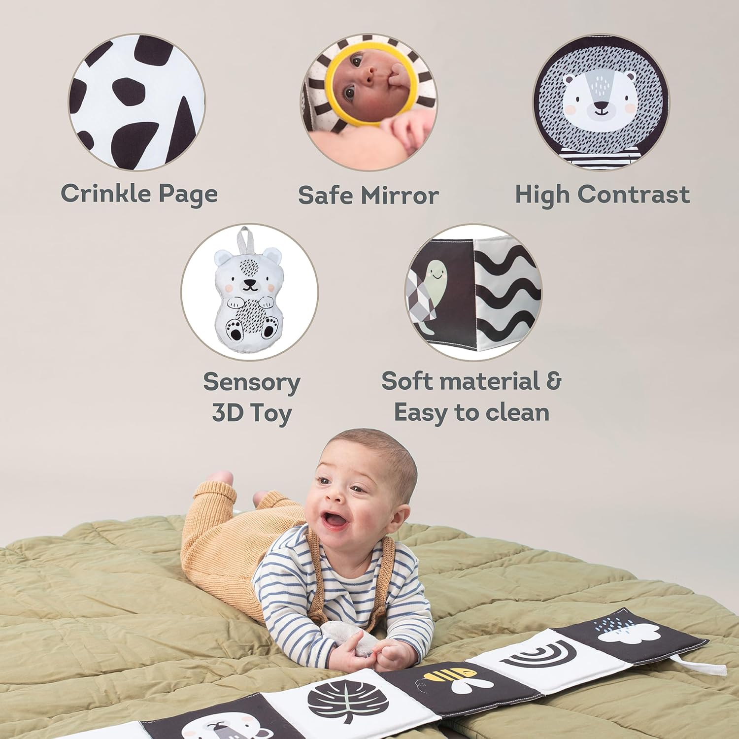 Taf Toys Savannah Black and White 3-in-1 Newborn Pram Book - High Contrast Sensory Toy for 0+ Months 6