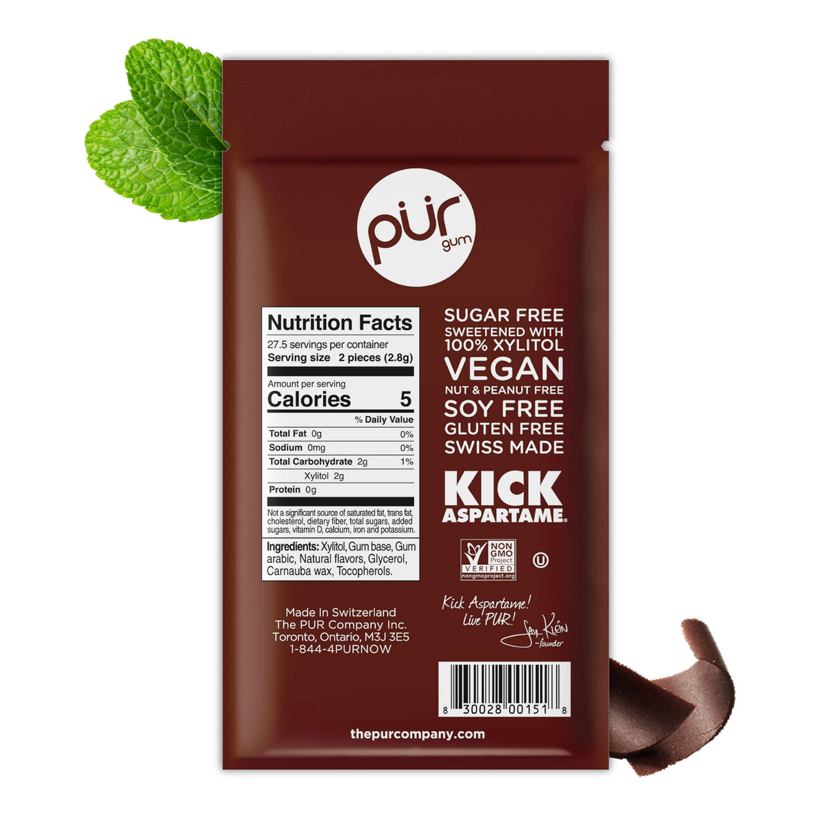 PUR Gum Chocolate Mint Sugar Free Chewing Gum - Xylitol Sweetened, 55 Pieces