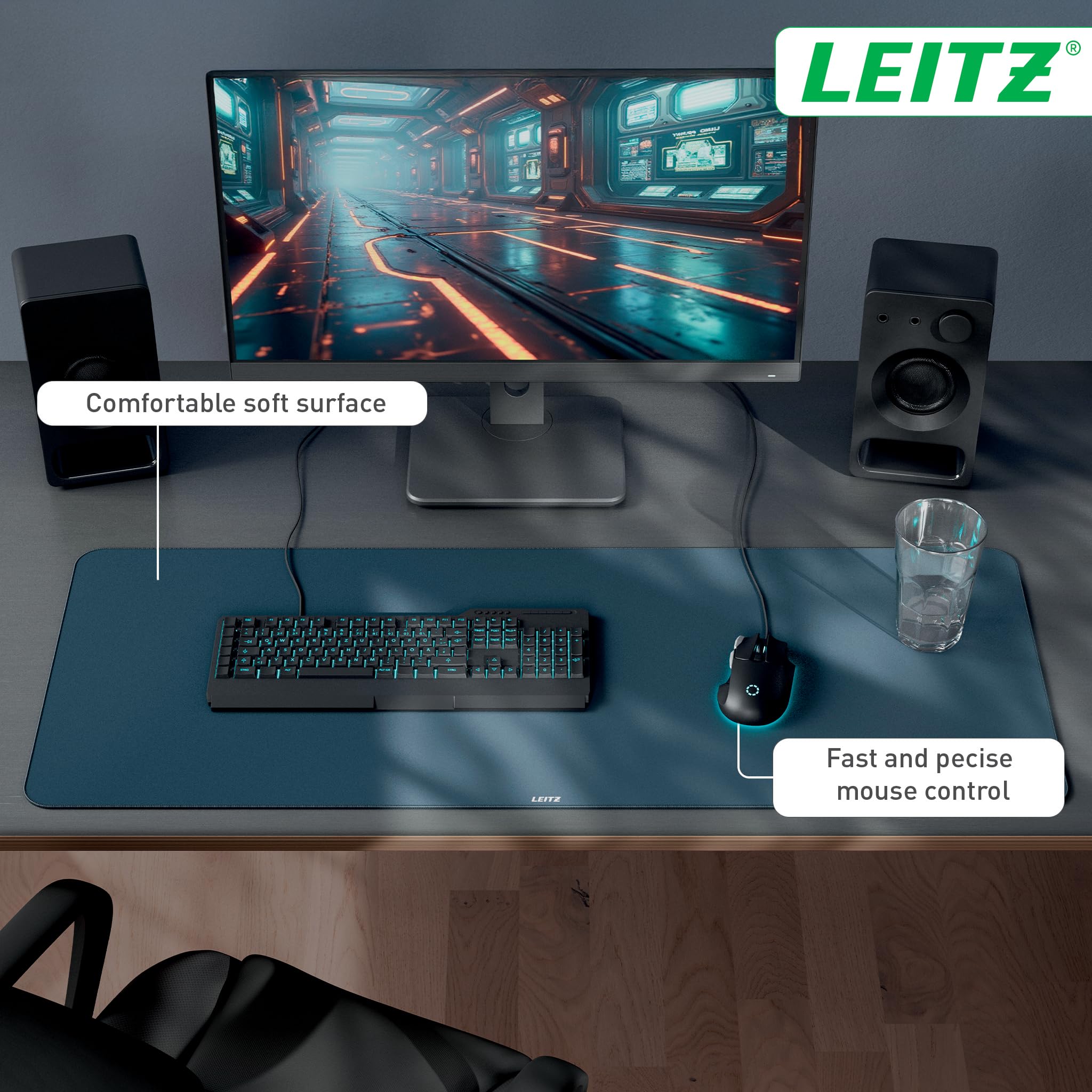 Leitz Extra Large Gaming Mat - 100x40cm | Non-Slip Rubber Backing | Velvet Grey 3