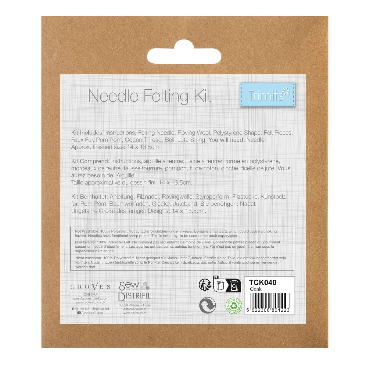 Trimits Needle Felting Craft Kit - Gonk Design | Includes Roving Wool, Needle, Instructions | TCK040