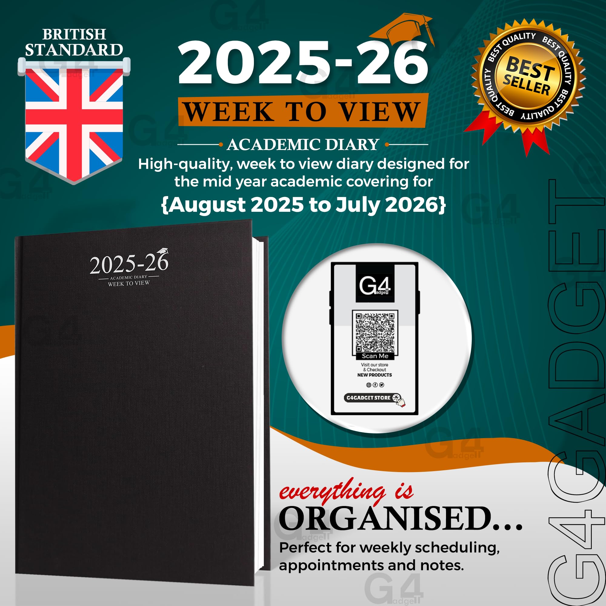 G4GADGET 2025-2026 Academic Diary | A4 Week to View | Black Case Binding 2