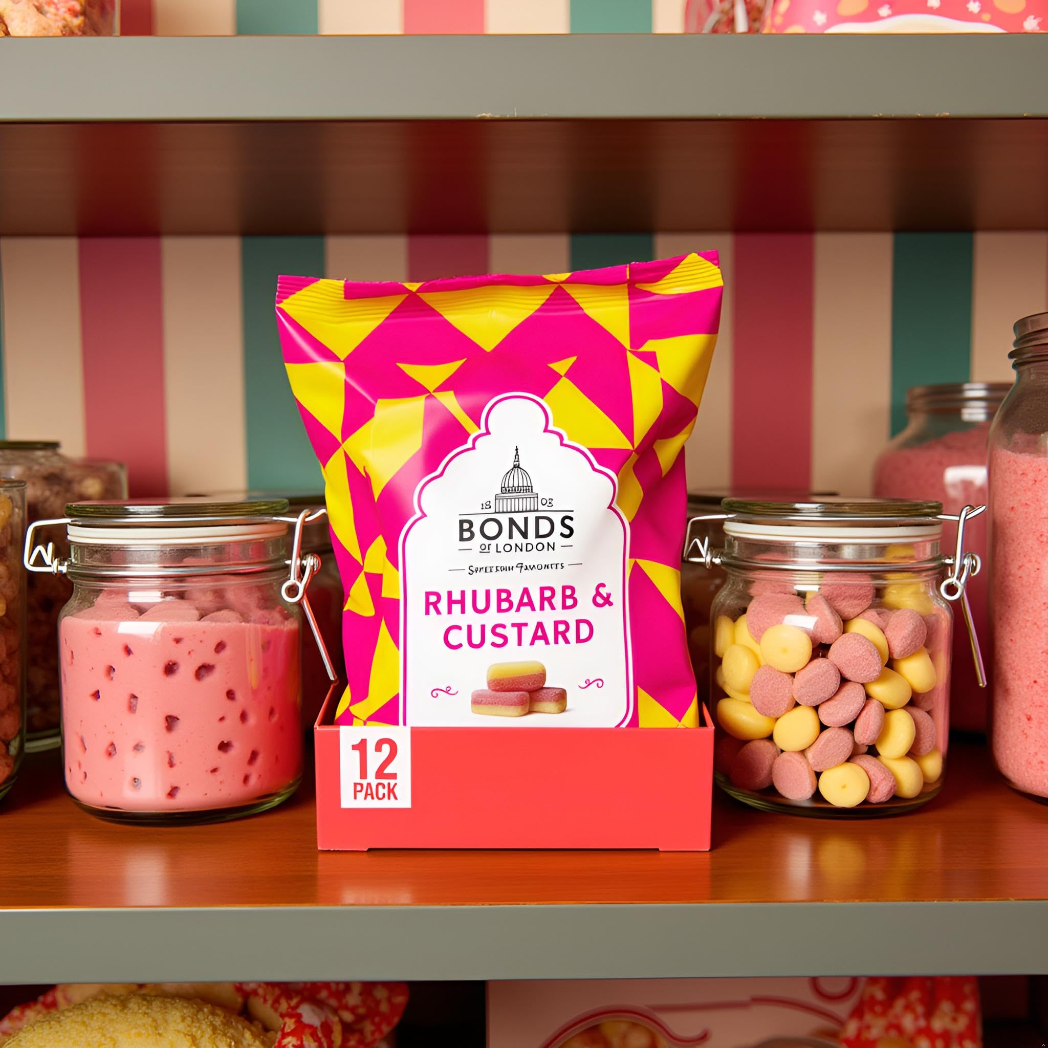 Bonds of London Rhubarb & Custard Boiled Sweets, Retro Gift Bags, Vegetarian Friendly, 130g (Pack of 12) 12