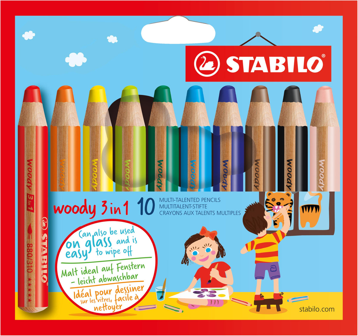 STABILO woody 3-in-1 Colouring Pencils - Wallet of 10 Assorted Colours