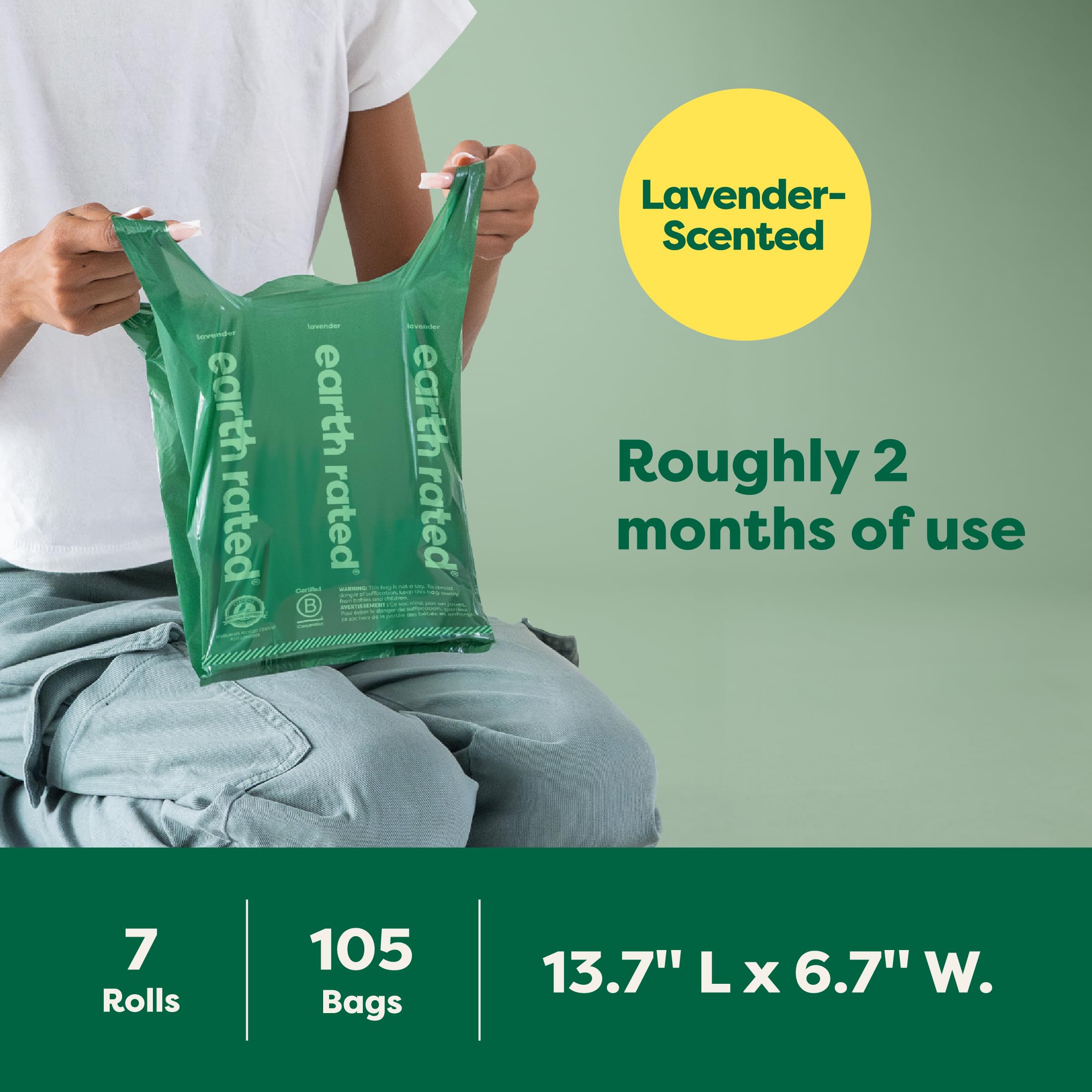Earth Rated Dog Poop Bags with Tie Handles on Refill Rolls - 105 Count, Lavender Scent, Green 7