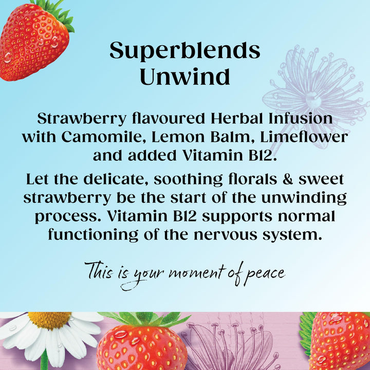 Twinings Superblends Unwind Tea - Strawberry Herbal Infusion with Camomile, Lemon Balm, Limeflower & Vitamin B12, 80 Biodegradable Tea Bags