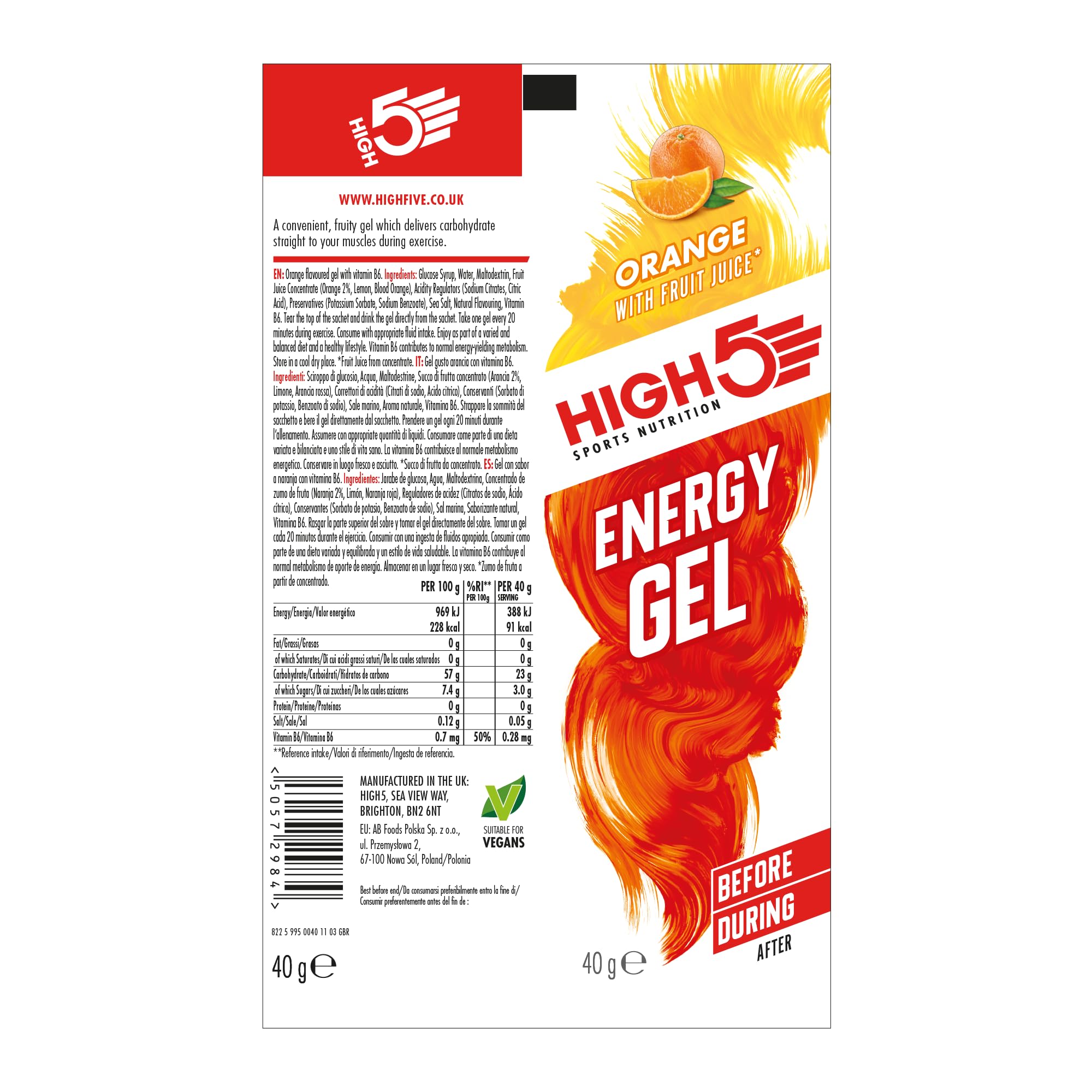 HIGH5 Energy Gel - 6 x 40g Pack | 23g Carbs per Sachet | Natural Orange Flavor 7