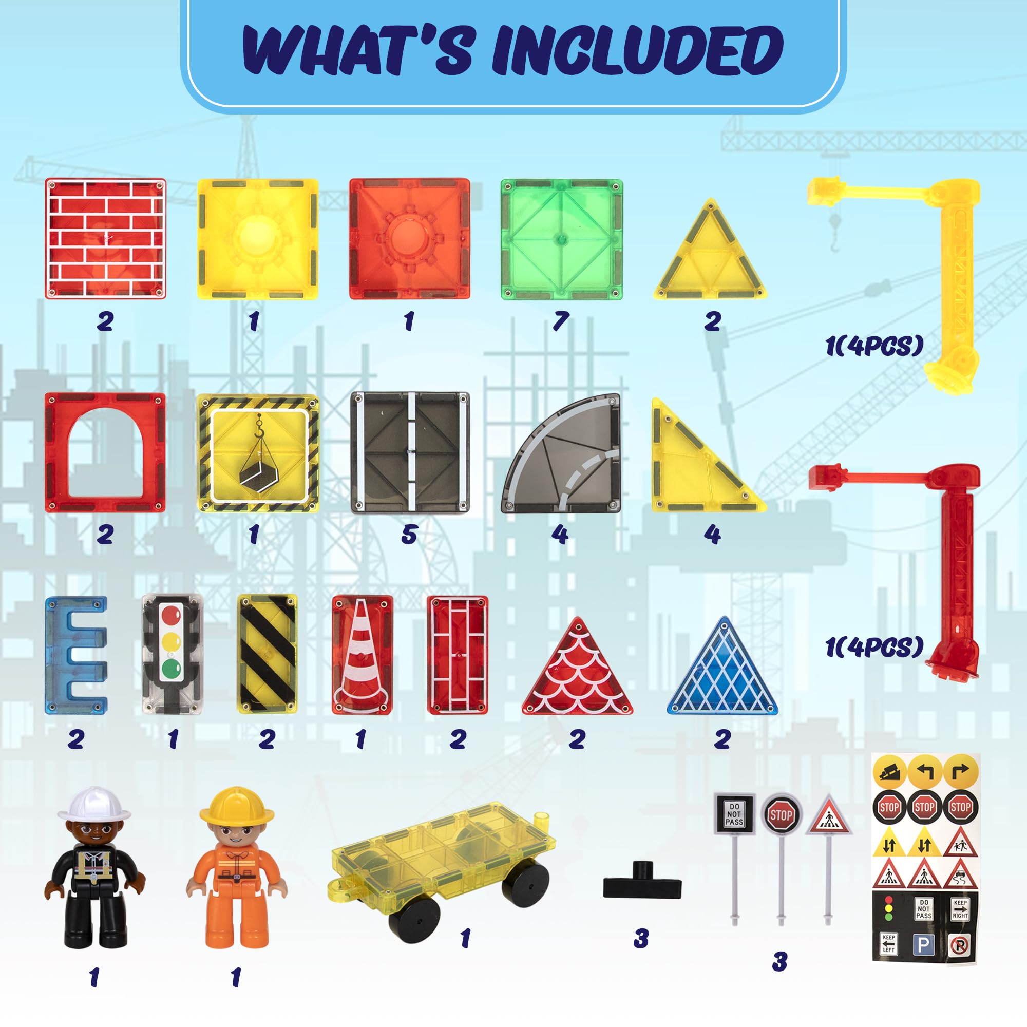 Playmags52-Piece City Construction Magnetic Tiles Set - STEM Building Toy for Kids3+ 5