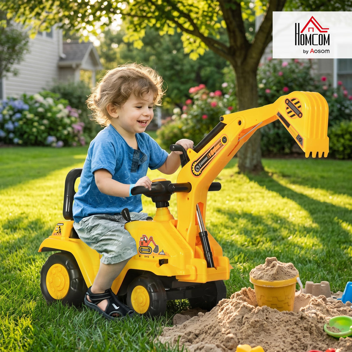 HOMCOM Ride-On Digger Tractor with Pull Cart and Bucket - 2-in-1, Under-Seat Storage, Horn