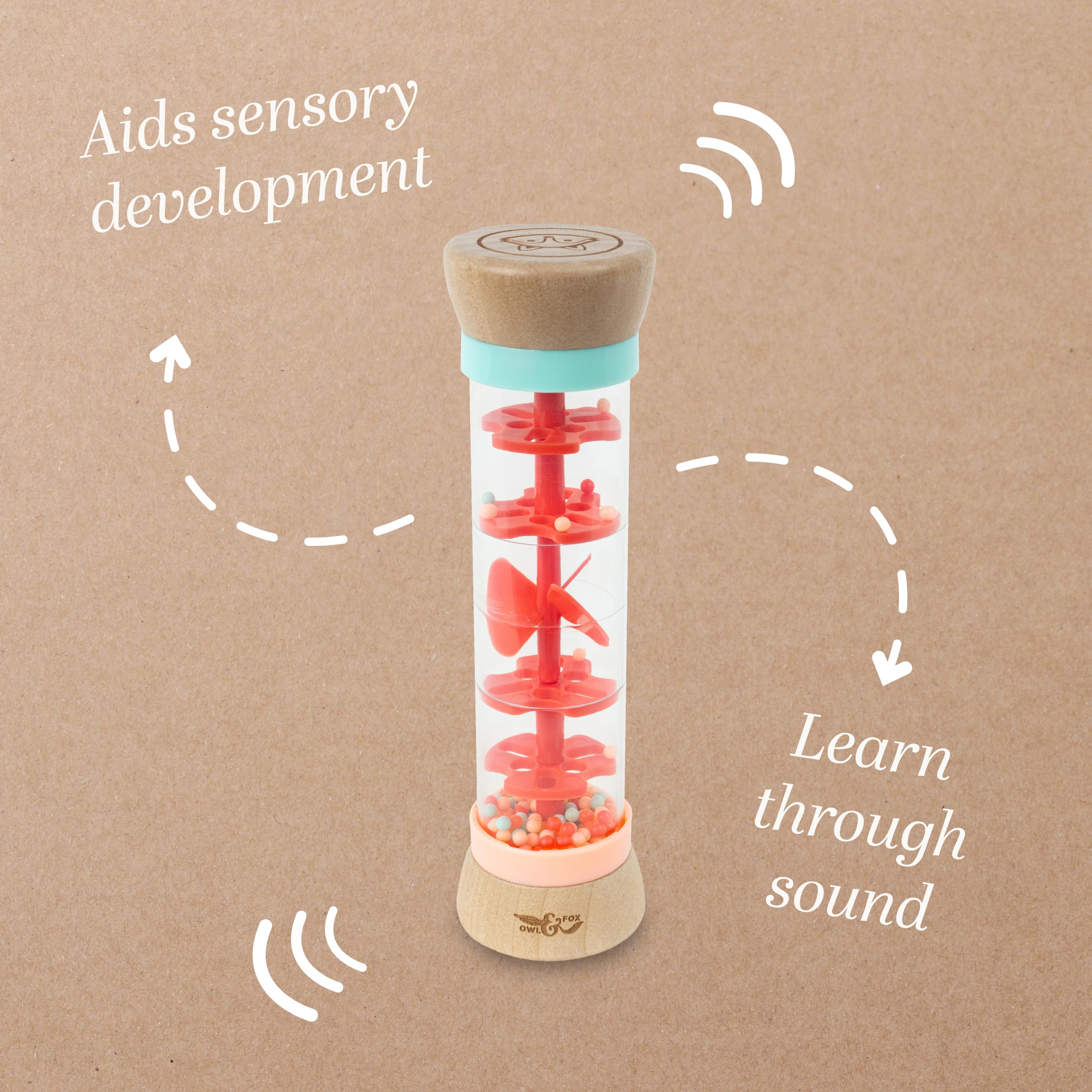 Owl & Fox Wooden Rainmaker Baby Rattle Toy - Soothing Sounds, Sensory Development | 12+ Months 3