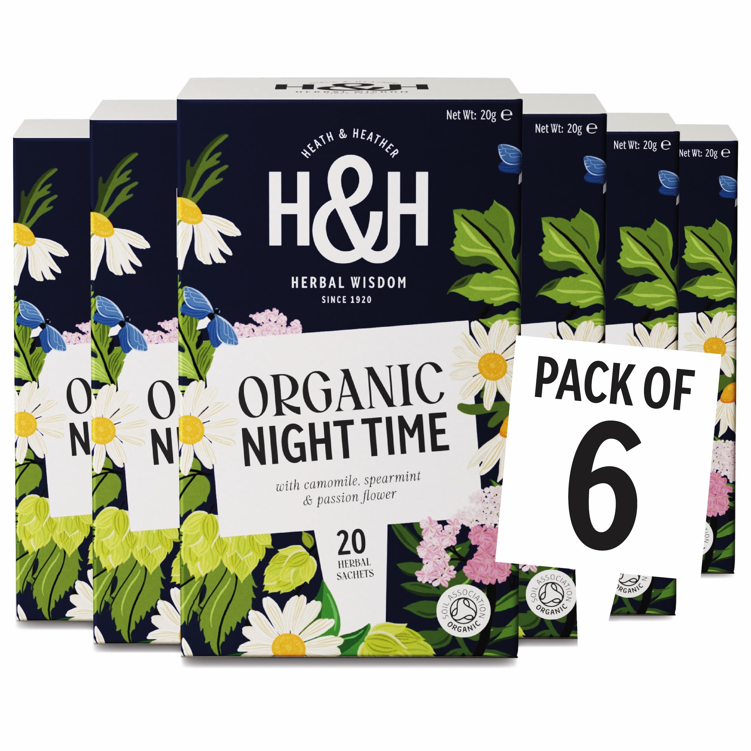 Heath & Heather Organic Soft & Sleepy Night Time Herbal Tea Bags - 6 Packs of 20 Count | Caffeine-Free