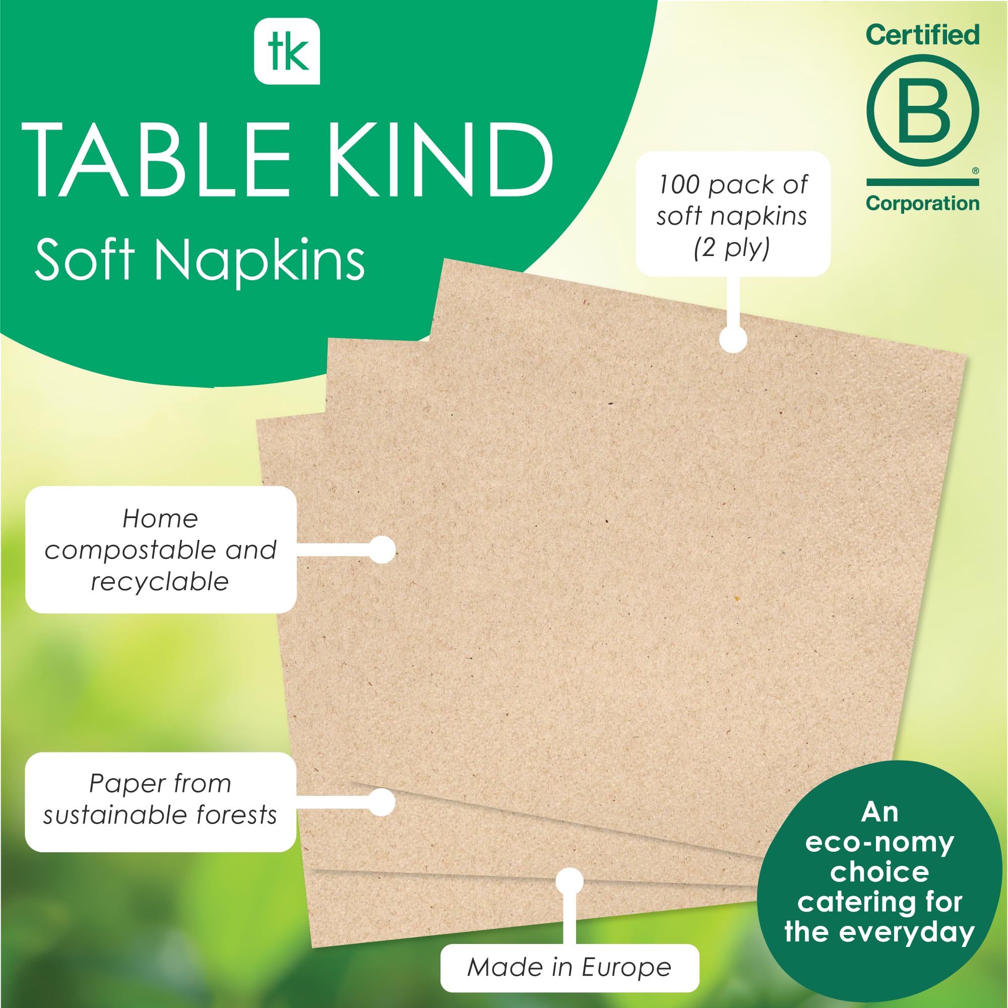 Talking Tables Table Kind Napkins - 100 Pack Soft Recycled Brown Paper | 2-Ply 33cm | Eco-Friendly 3