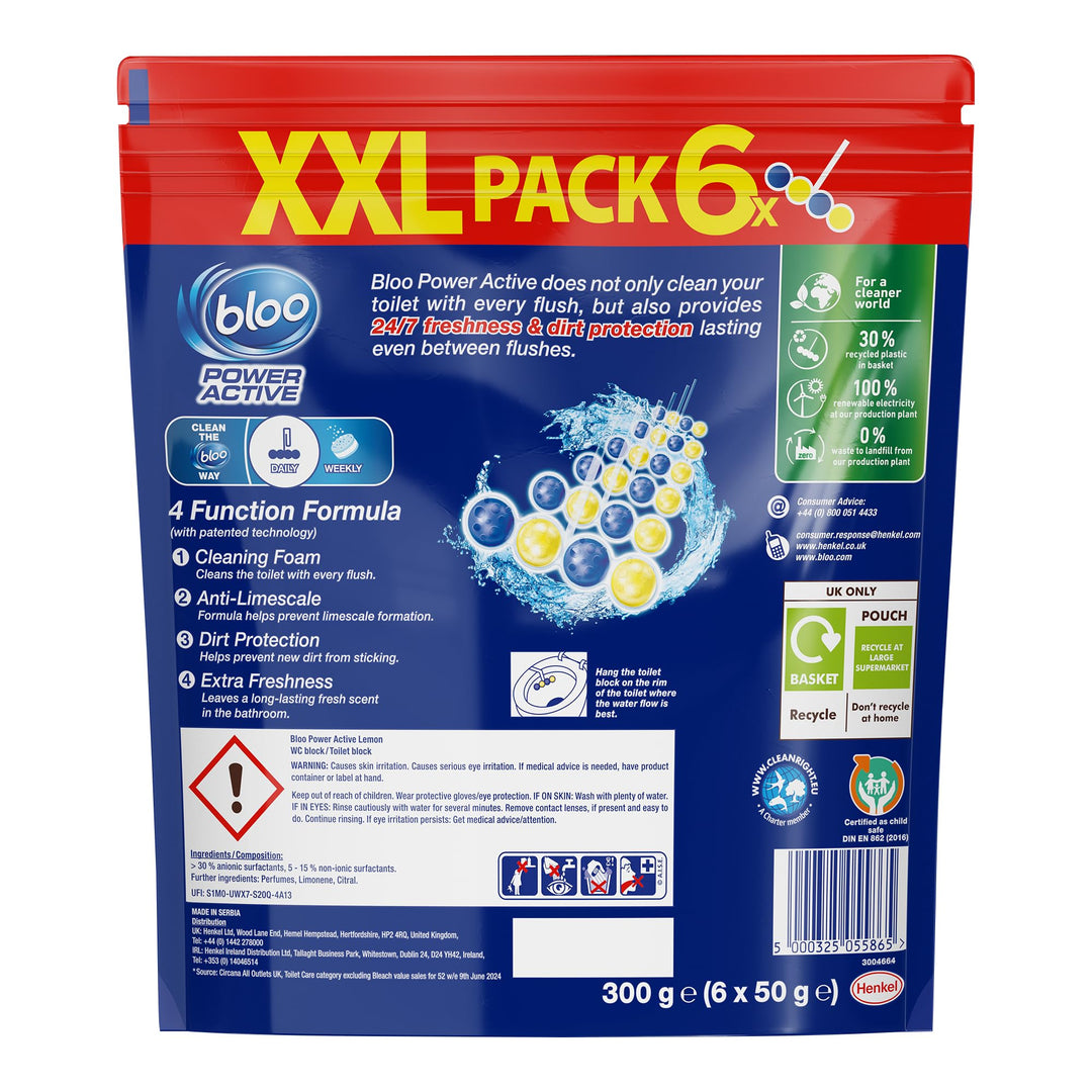 Bloo Power Active Toilet Rim Block XXL Pack (300g = 6x50g) - Fresh Lemon Scent
