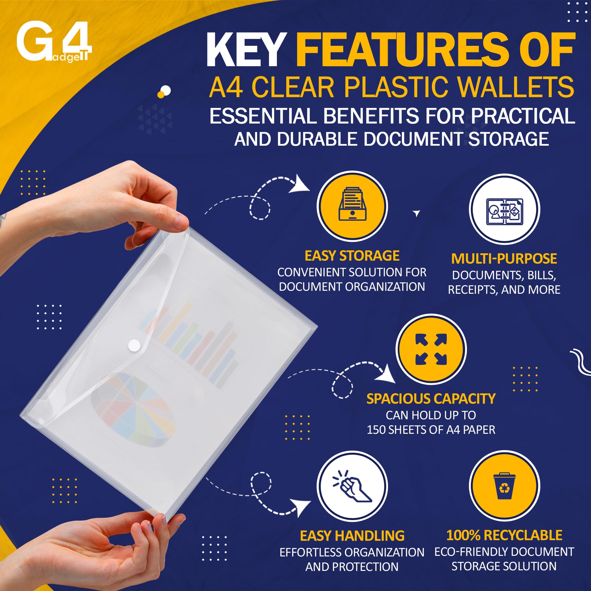 G4GADGET A4 Clear Plastic Wallets - Pack of 10 Popper Document Folders | Waterproof | 50 Sheet Capacity