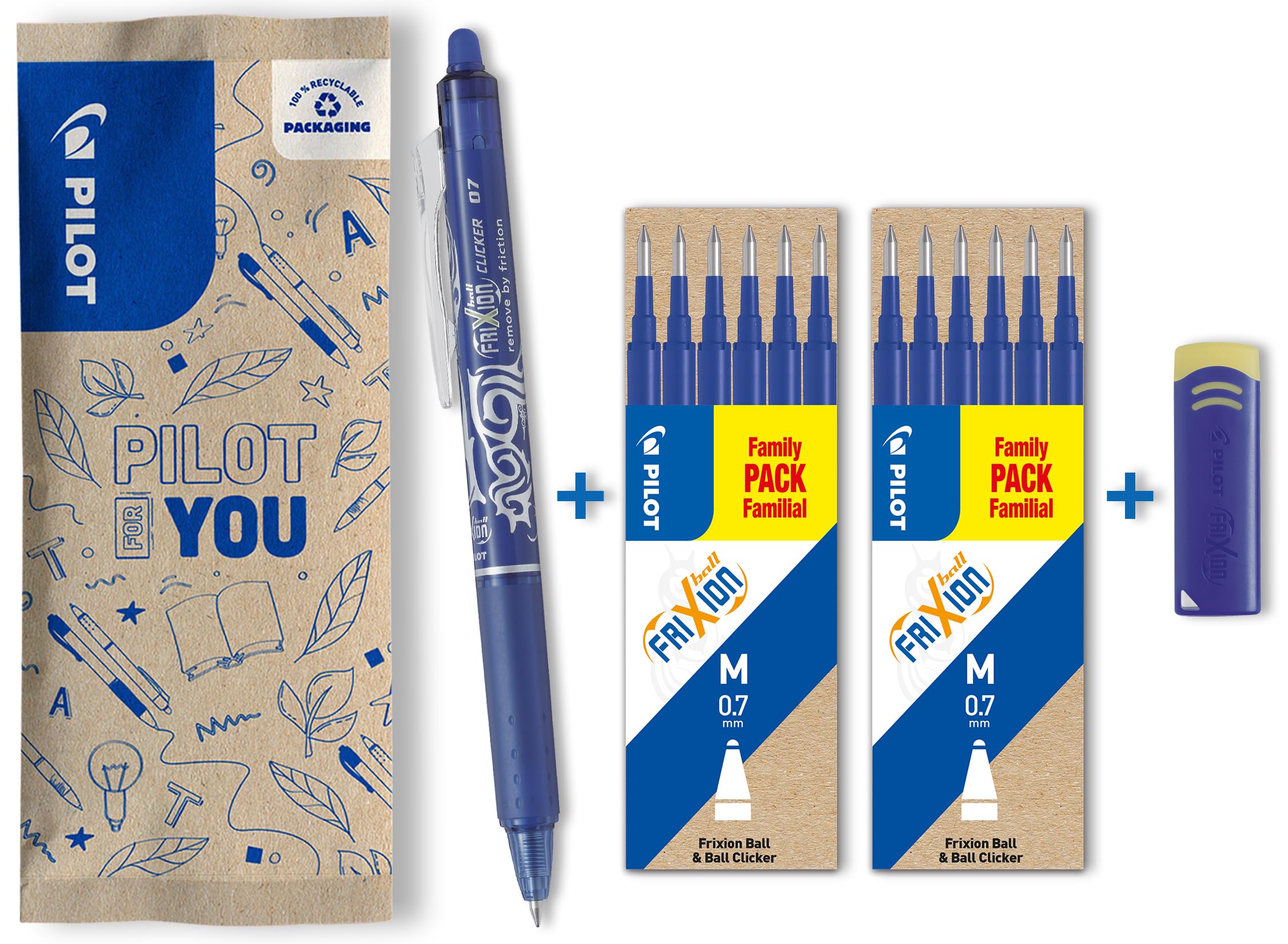 PILOT FriXion Clicker Erasable Rollerball Pen (Blue Ink) with 12 Refills and Eraser 1