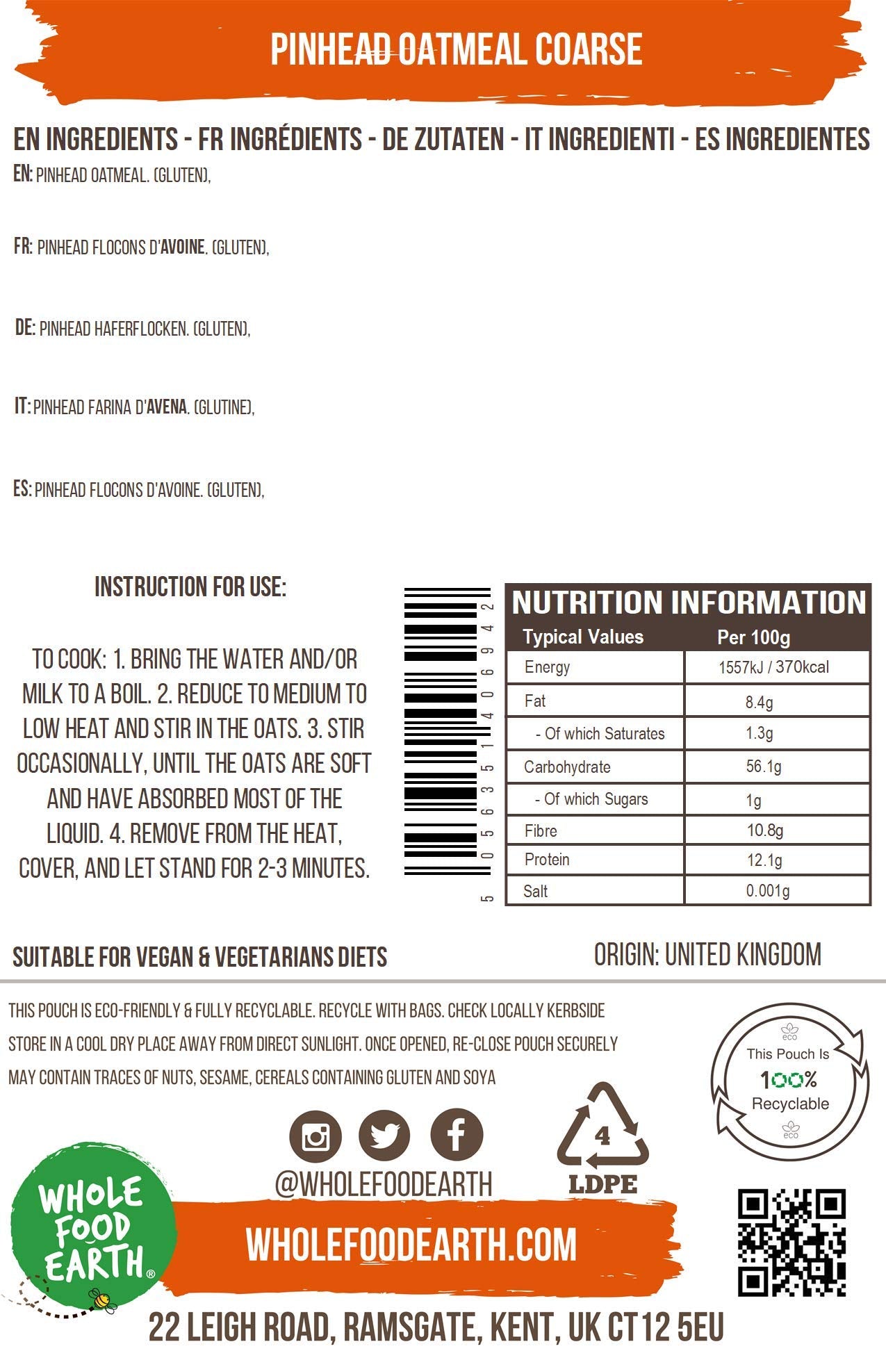 Wholefood Earth Pinhead Oatmeal Coarse Stabilised - 1kg | GMO Free | High Energy Release