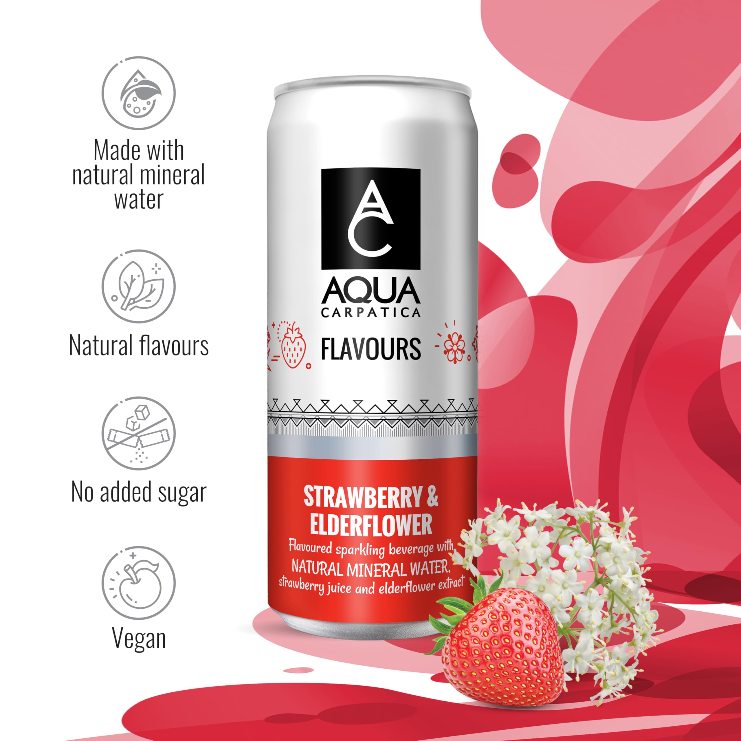 Aqua Carpatica Sparkling Flavours Strawberry & Elderflower - 4 x 330ml Cans | Naturally Flavoured | Agave Sweetened 4