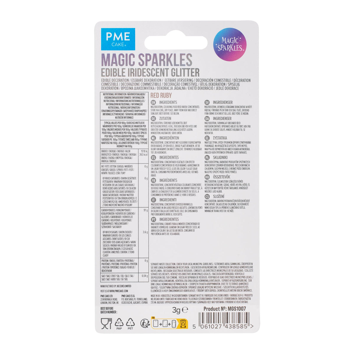PME Magic Sparkles Edible Iridescent Glitter - Red Ruby, 3g