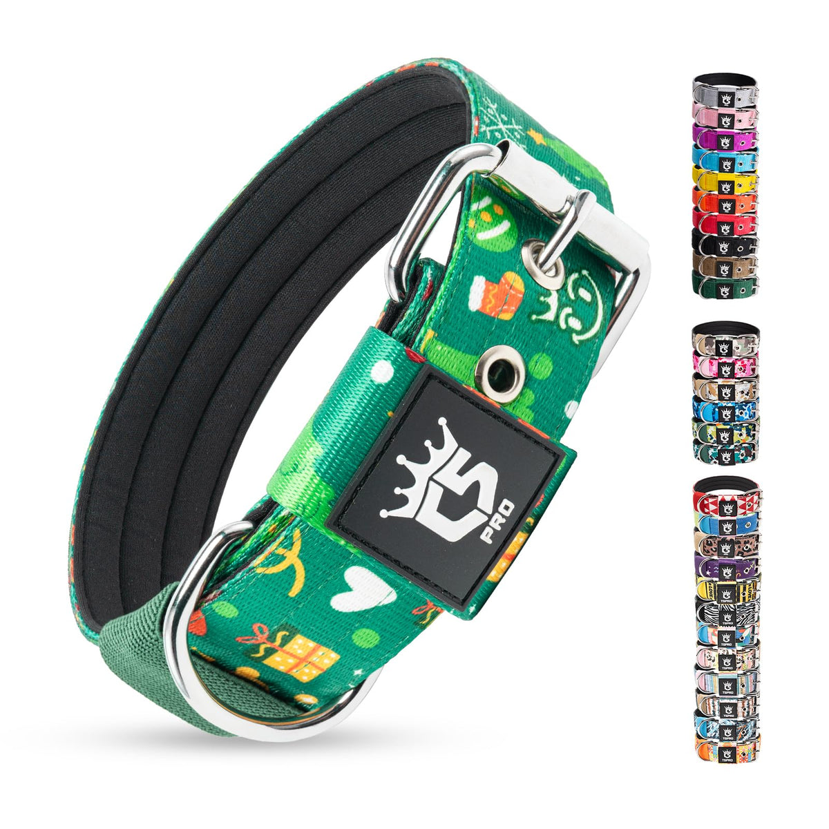 TSPRO Heavy Duty Tactical Dog Collar - Padded Polyester, Metal Buckle, Adjustable M, Green Christmas Print