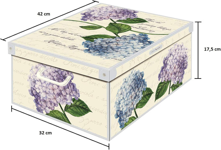 Kanguru Decorative Storage Box with Handles and Lid, Hydrangeas Design, Medium Size