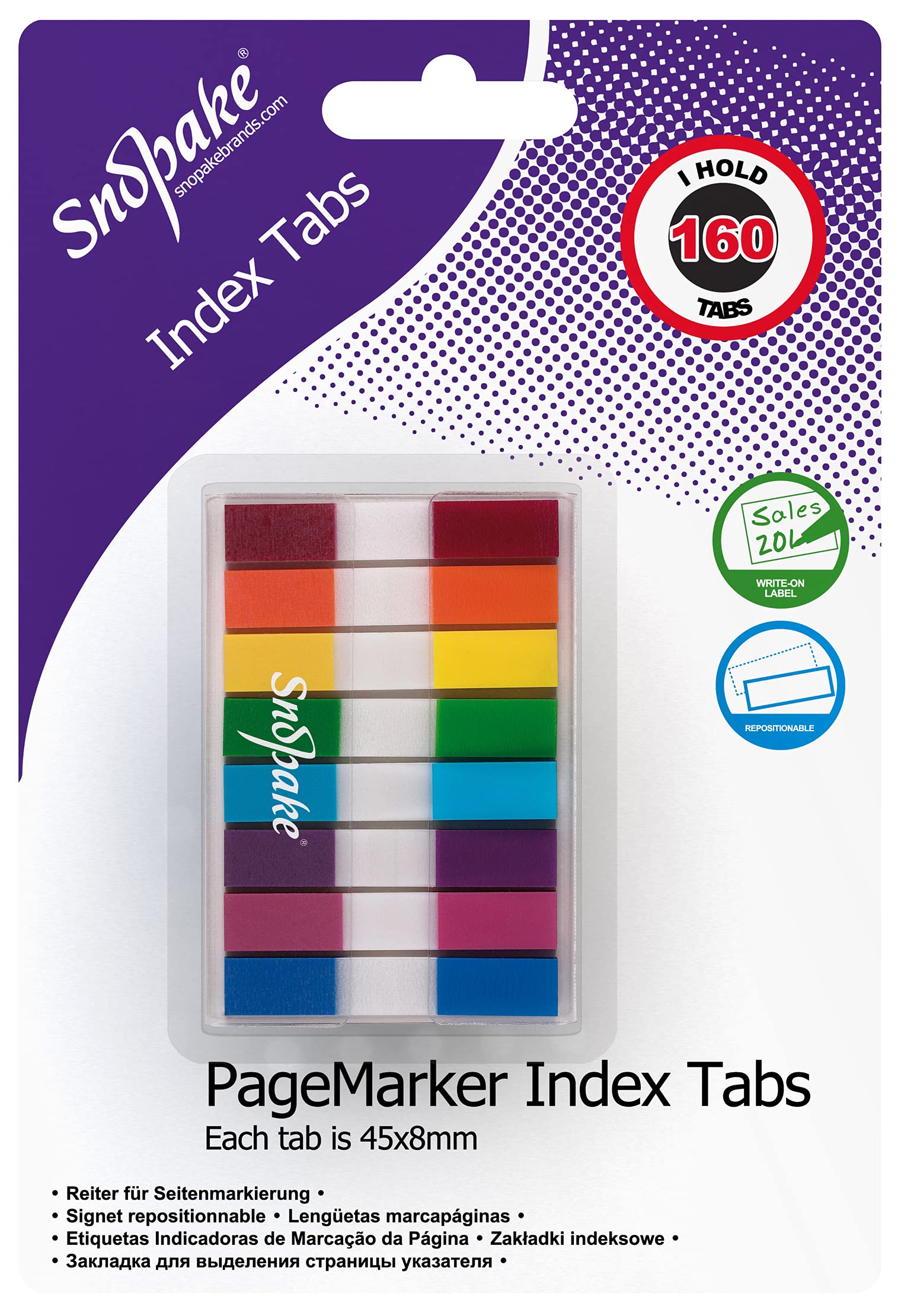 Snopake Index Tab PageMarkers - 160 Tabs, 45 x 8mm | Repositionable Film Highlighter | Assorted Colours