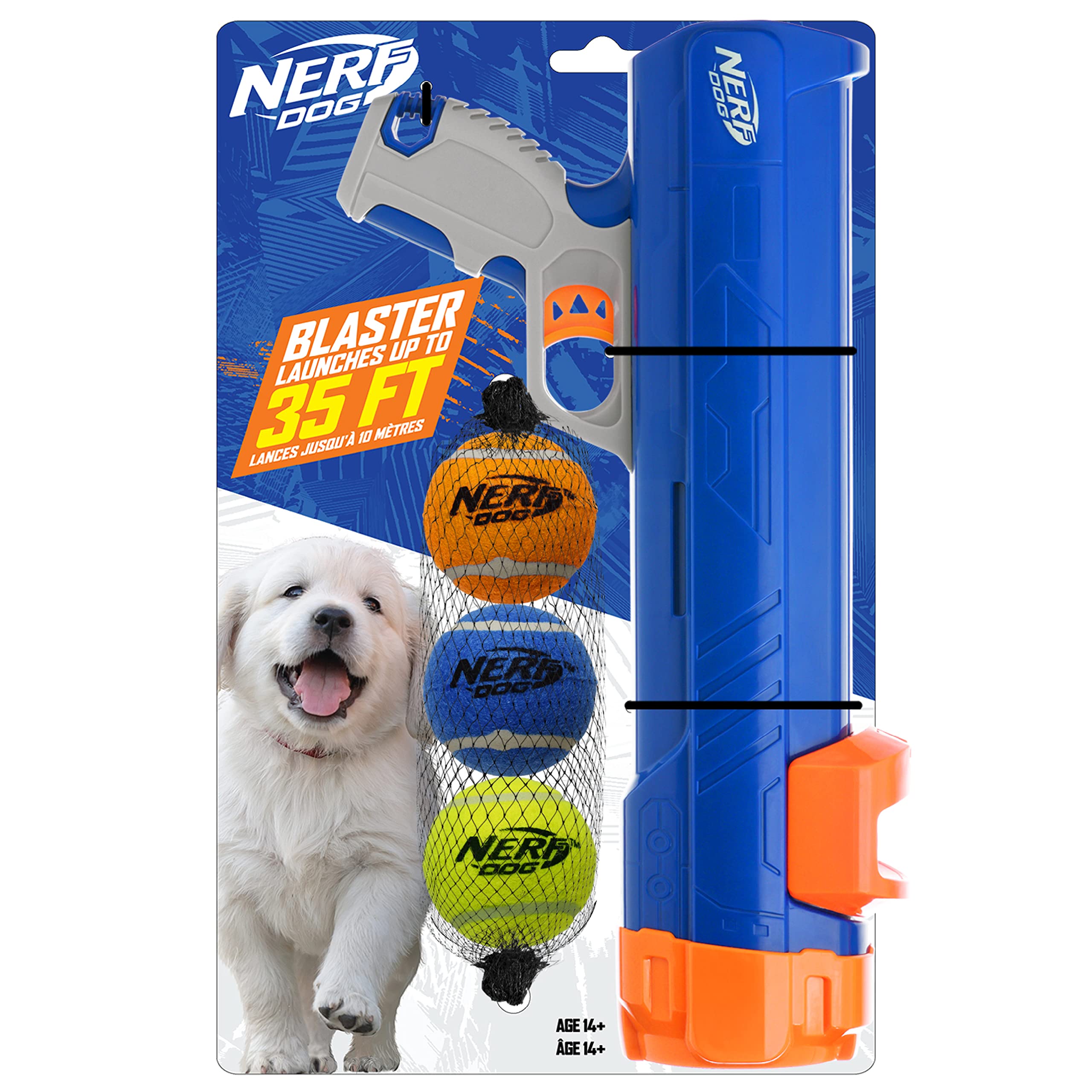 Nerf Dog 12in Blaster with 3 Squeak Tennis Balls - Shoots Up to 50 Feet