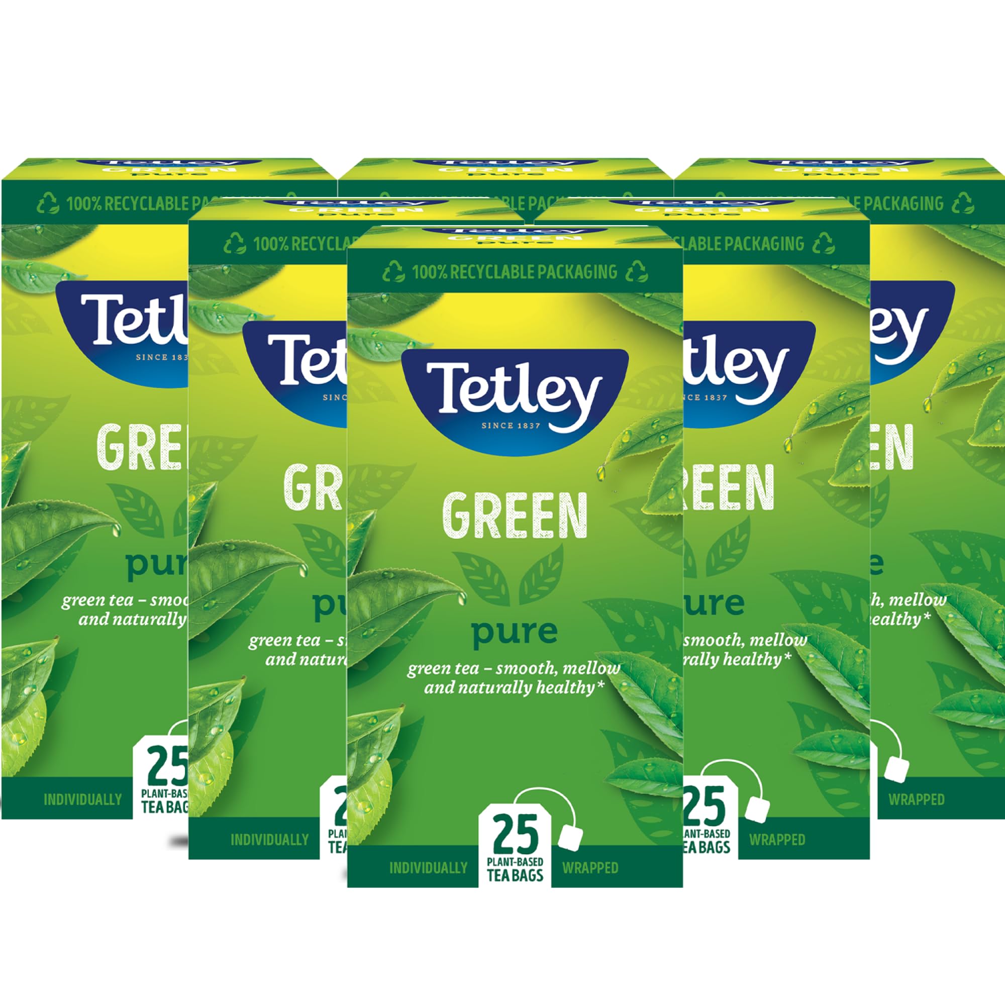 Tetley Pure Green Tea Bags - Naturally Smooth & Refreshing | 150 Bags (6x25) | Antioxidant-Rich