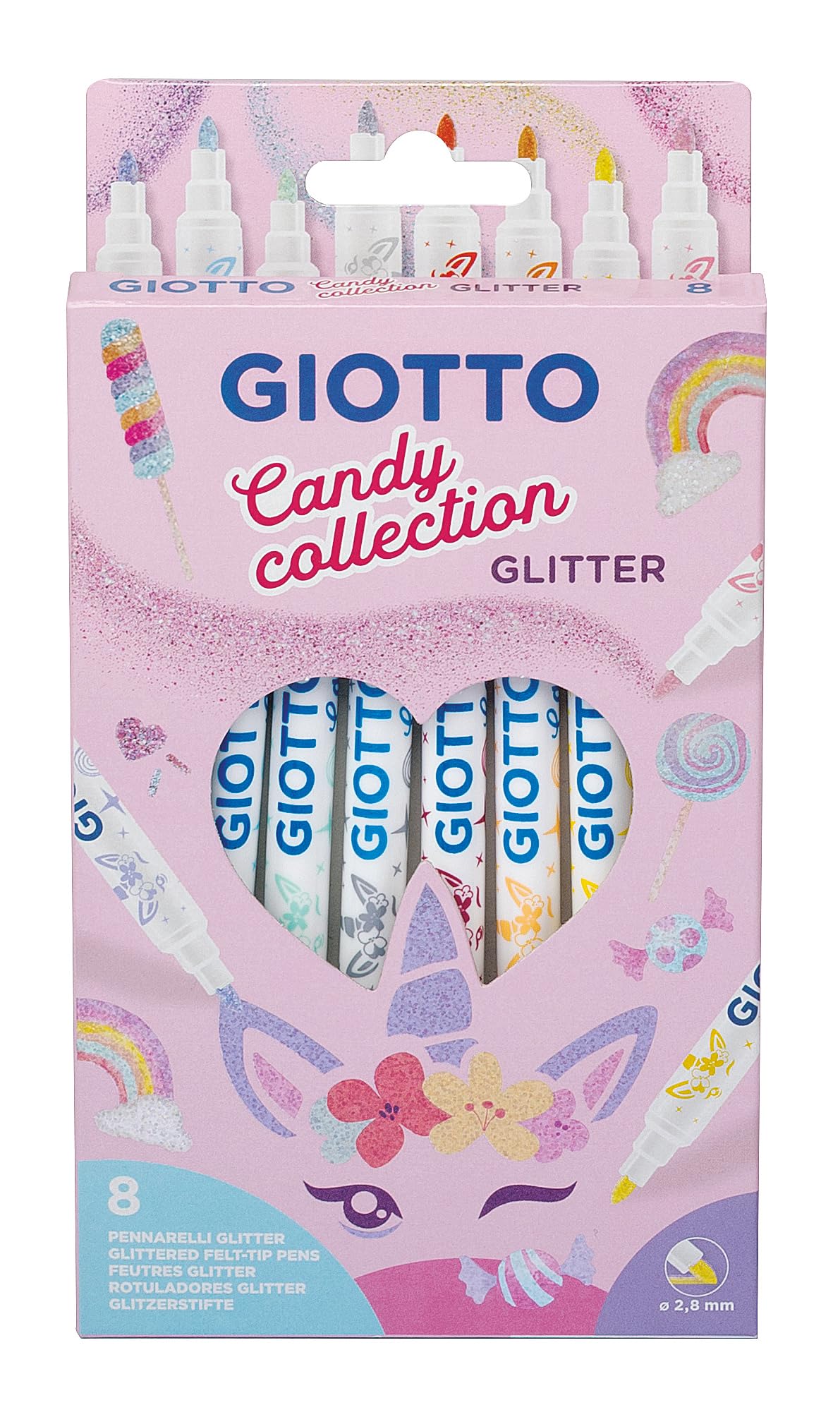 GIOTTO Turbo Glitter Felt Tip Pens - 8 Assorted Pastel Colours | Fine Anti-Retraction Tip 1