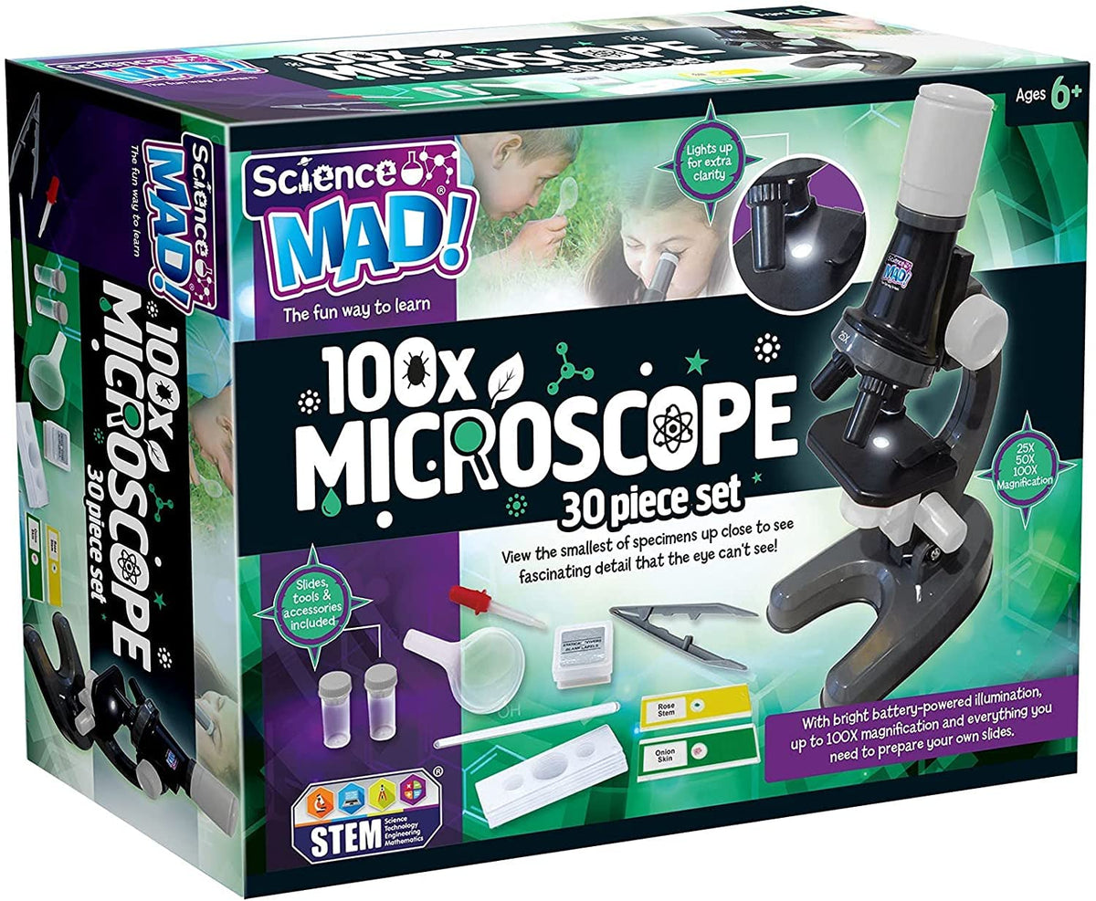Science Mad SM45 Microscope - 100x Magnification | 30 Pieces Included | Ages 8+