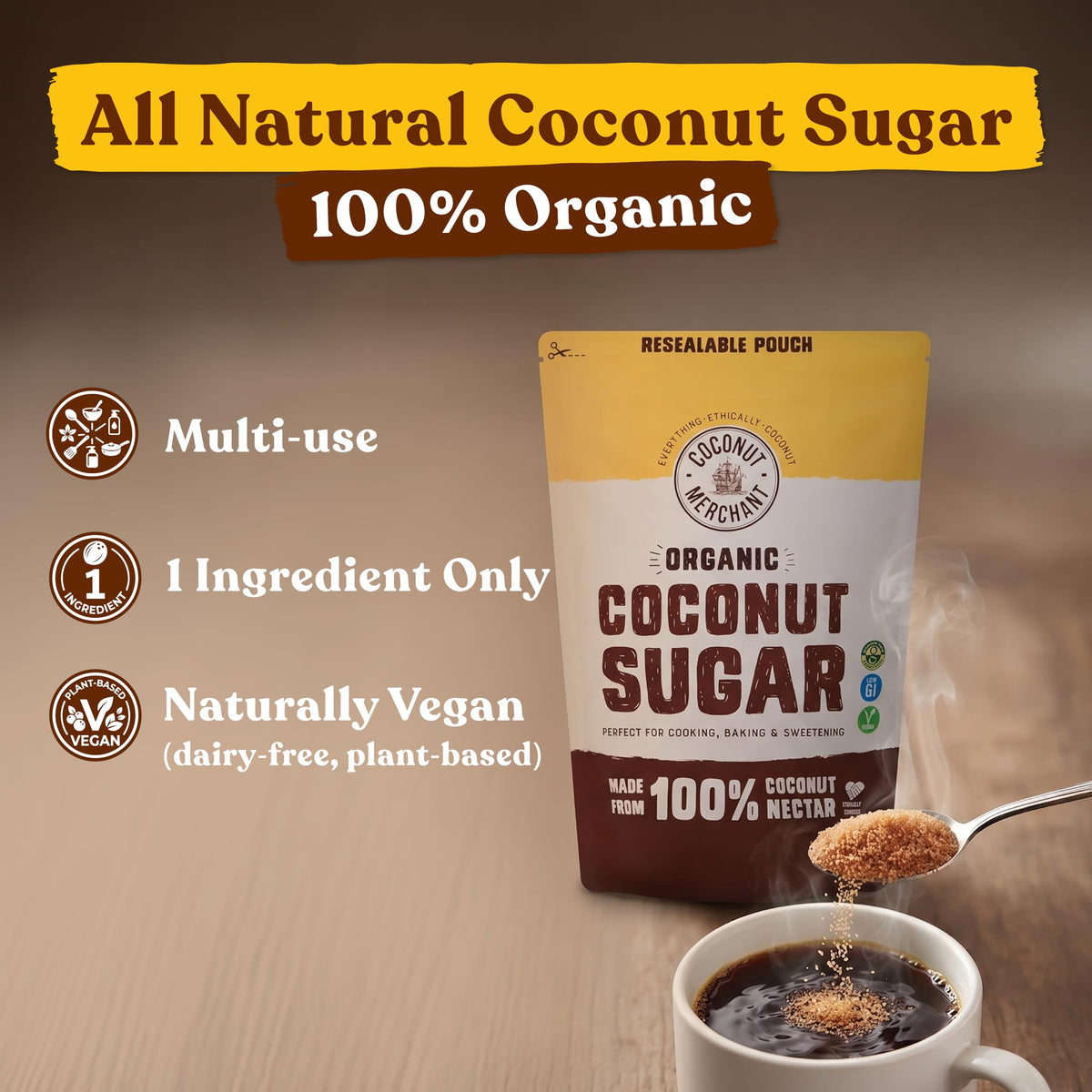 Coconut Merchant Coconut Sugar - Organic Unrefined Brown Sugar, 1kg