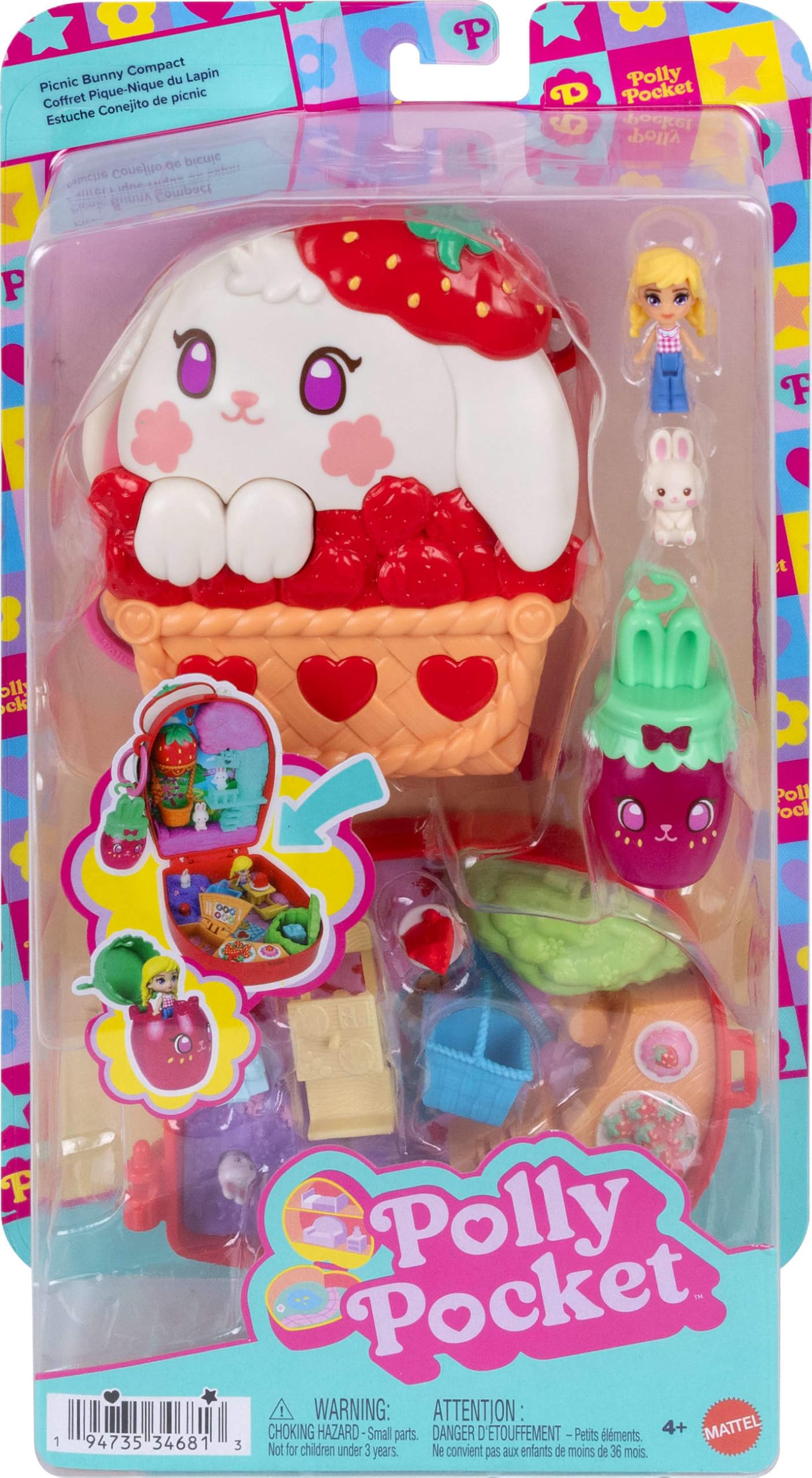 Polly Pocket Strawberry Picnic Bunny Compact Playset | Micro Doll & 8 Accessories | Ages 4+ 6