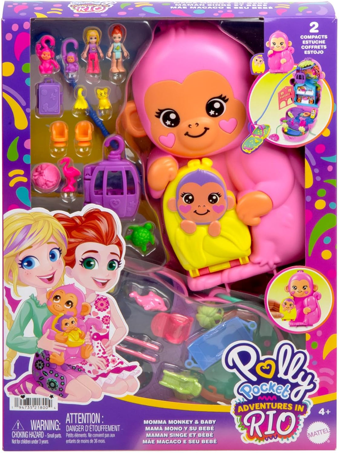 Polly Pocket Momma Monkey & Baby Playset - 2-in-1 Jungle Adventure with 14 Pieces