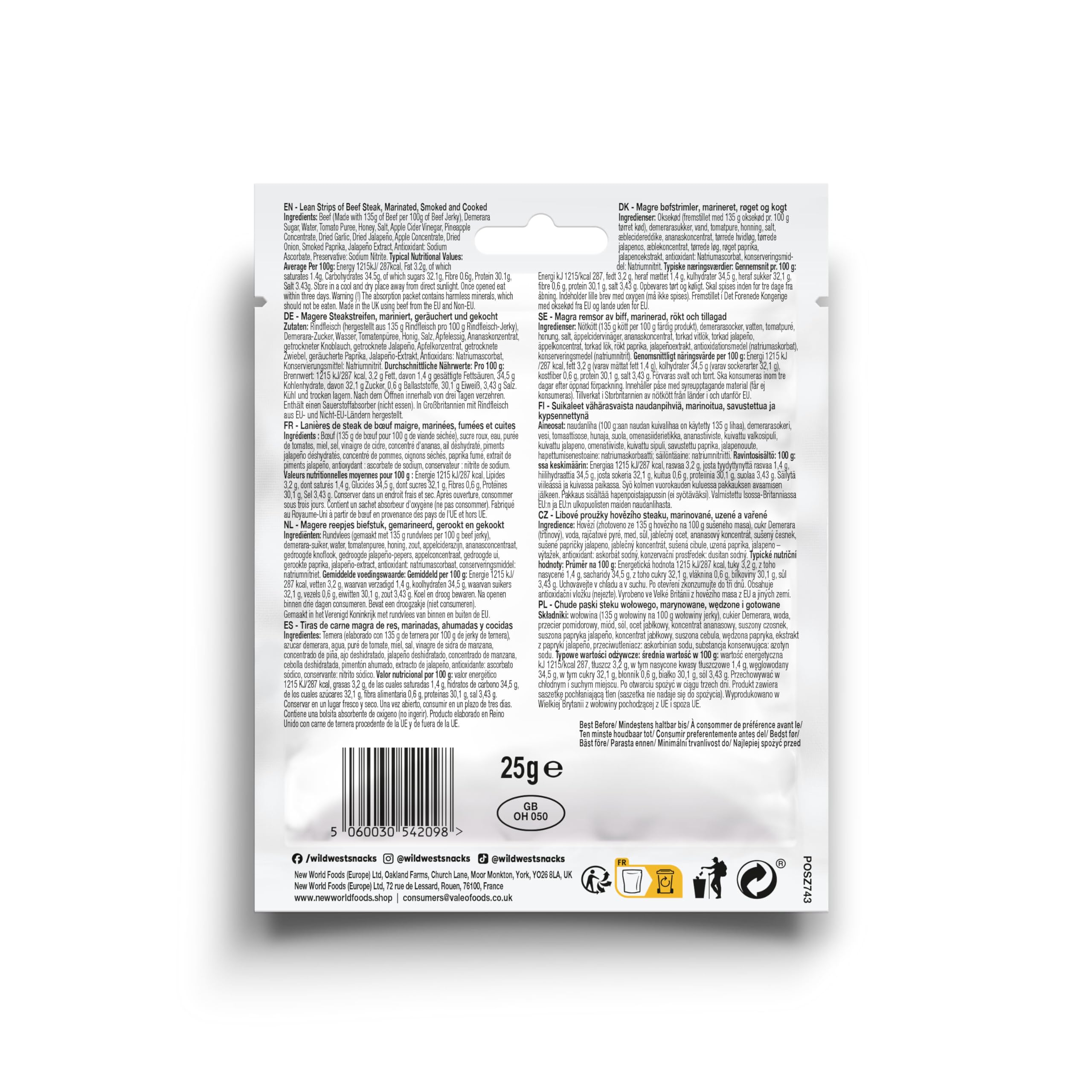 Wild West - Beef Jerky Variety Pack 12 x 25g (Original, Honey BBQ, Jalapeño) 6