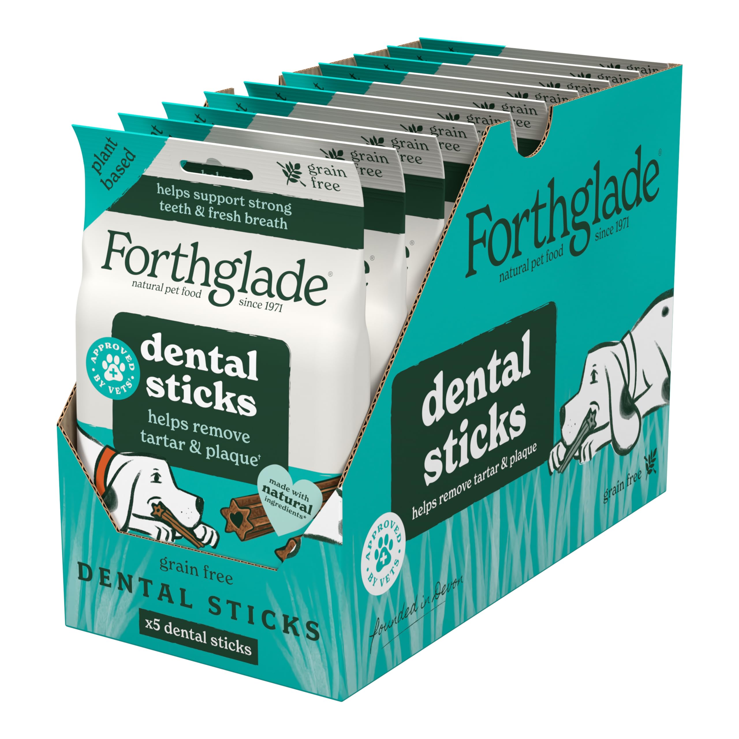 Forthglade Natural Dog Dental Sticks - Plant Based Mint Flavor | 10 x 185g Bags (50 Sticks Total)