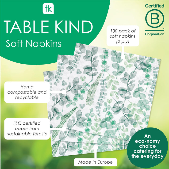 Talking Tables Green Leaves 2-Ply Soft Paper Napkins 100-Pack Eco-Friendly Compostable Disposable 33cm