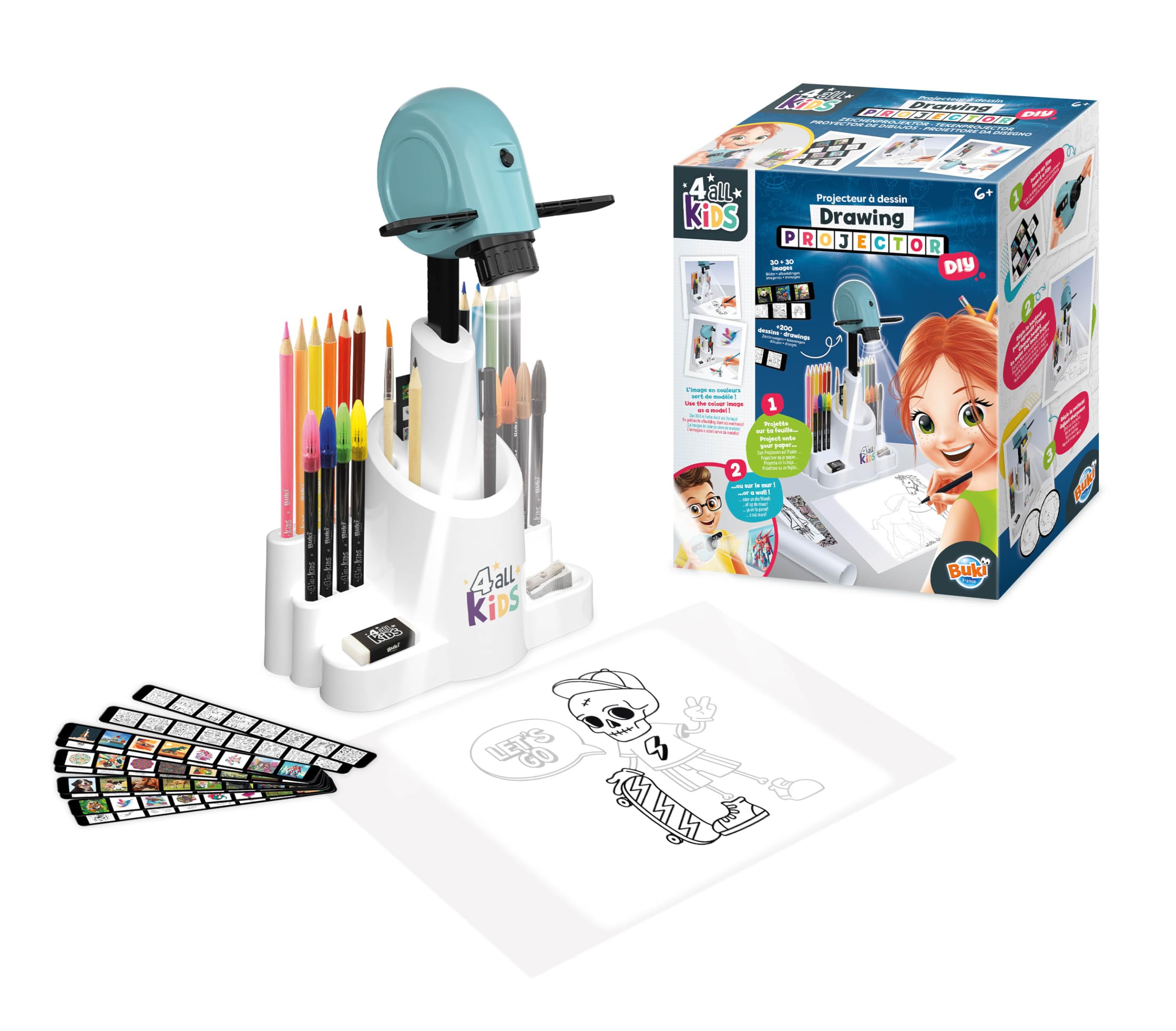 Buki France Drawing Projector - Adjustable Height & Focus, Includes 30 Images & 200 Decorations, 12 Watercolour Pencils, 8 Markers