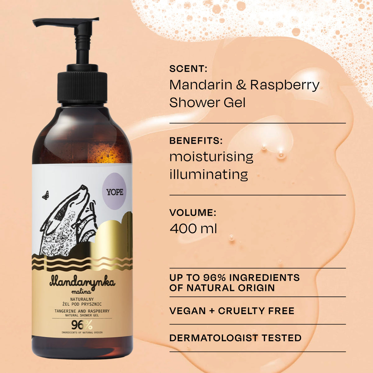 Yope Natural Shower Gel - Tangerine & Raspberry Scent, 400ml