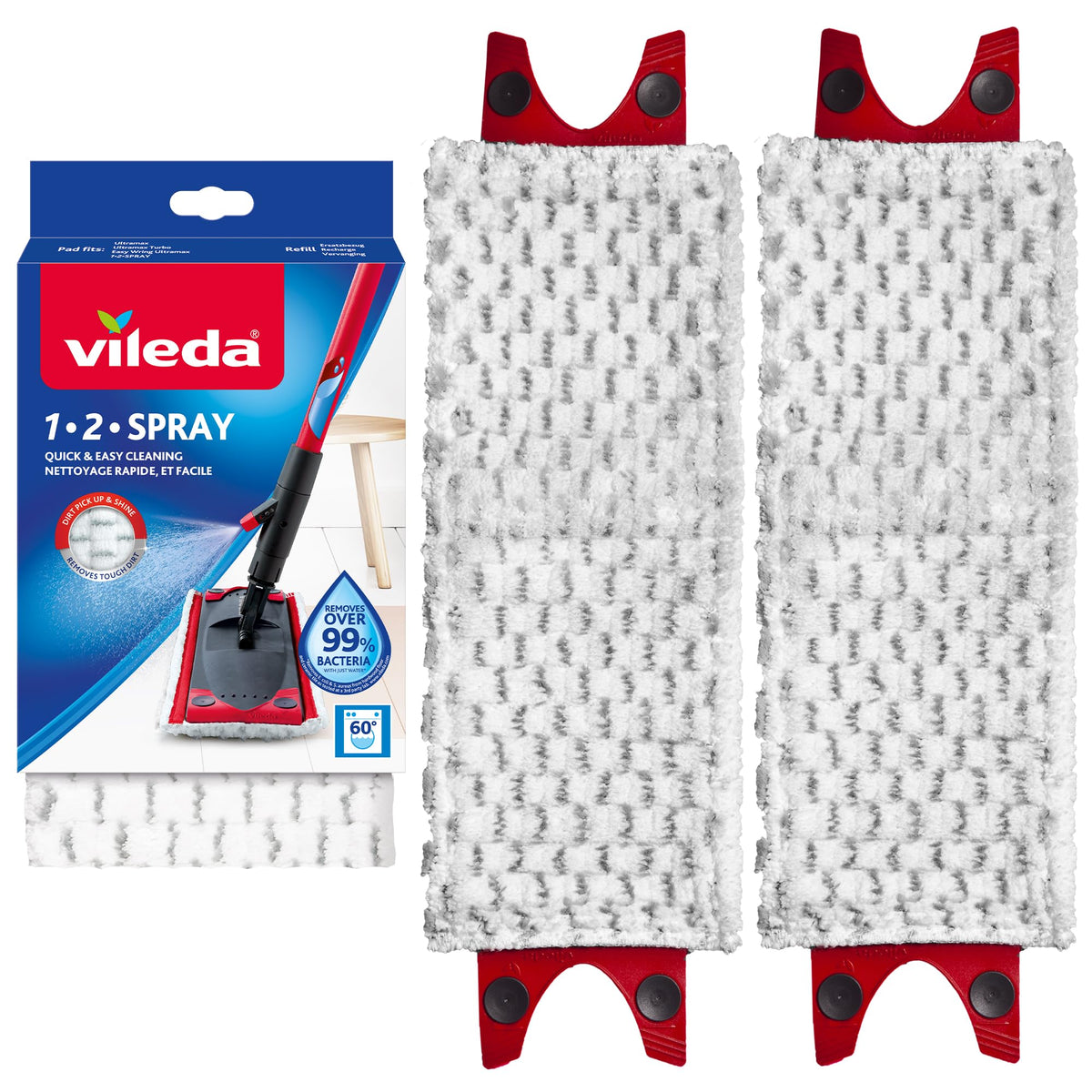Vileda 1-2 Spray Microfibre Mop Pads Refill - Pack of 2, Also Fits Ultramax